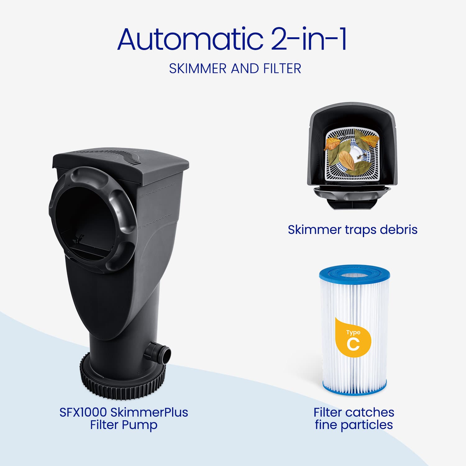 2-in-1 skimmer and filter system with pump and filter cartridge on a white background