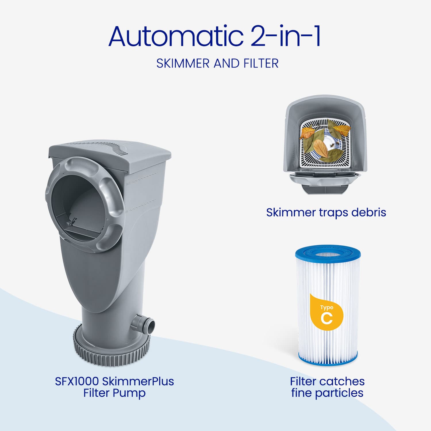 2-in-1 skimmer and filter system with pump and filter cartridge on a white background