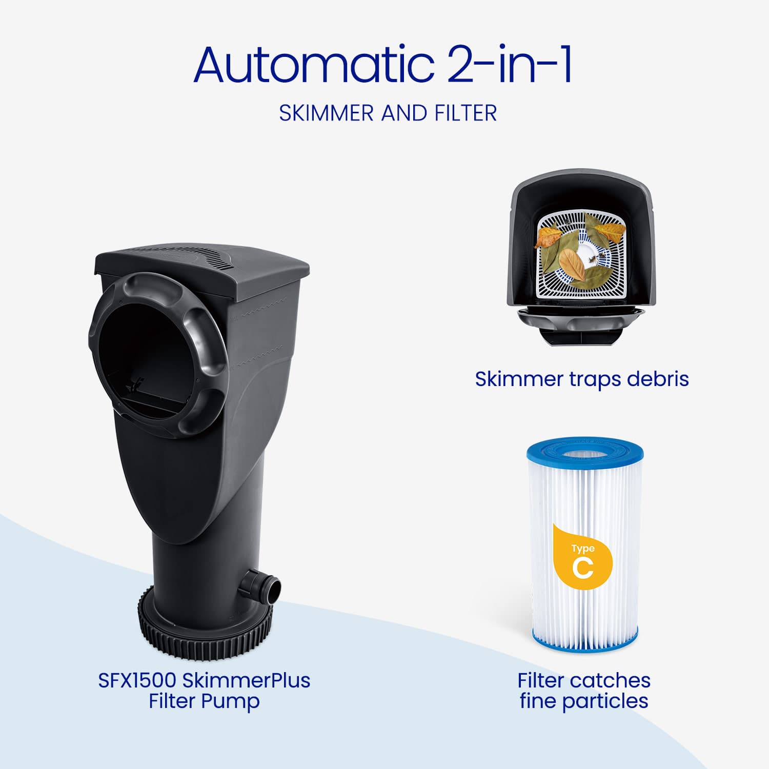 2-in-1 skimmer and filter system with pump and filter cartridge on a white background