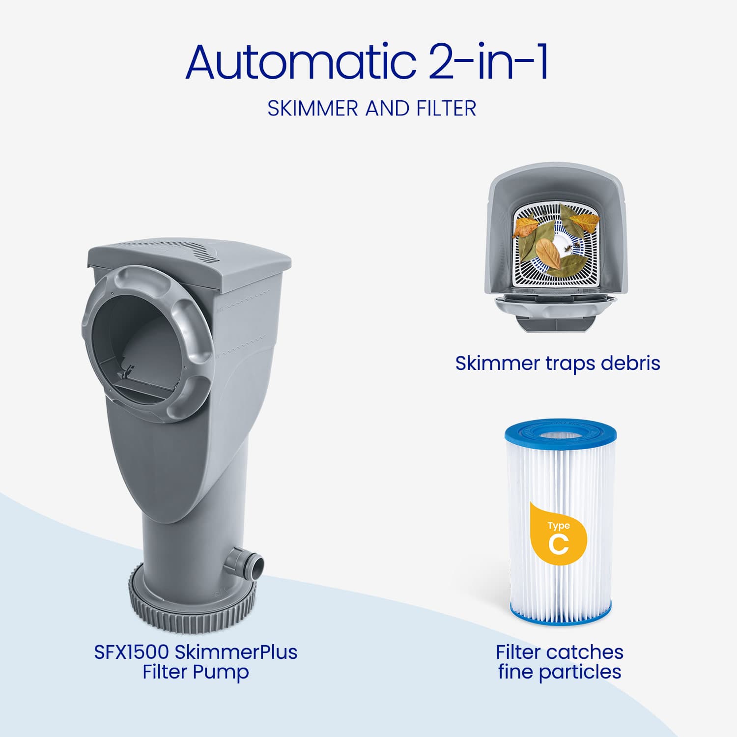 Automatic 2-in-1 skimmer and filter system with pump and filter cartridge on a white background.