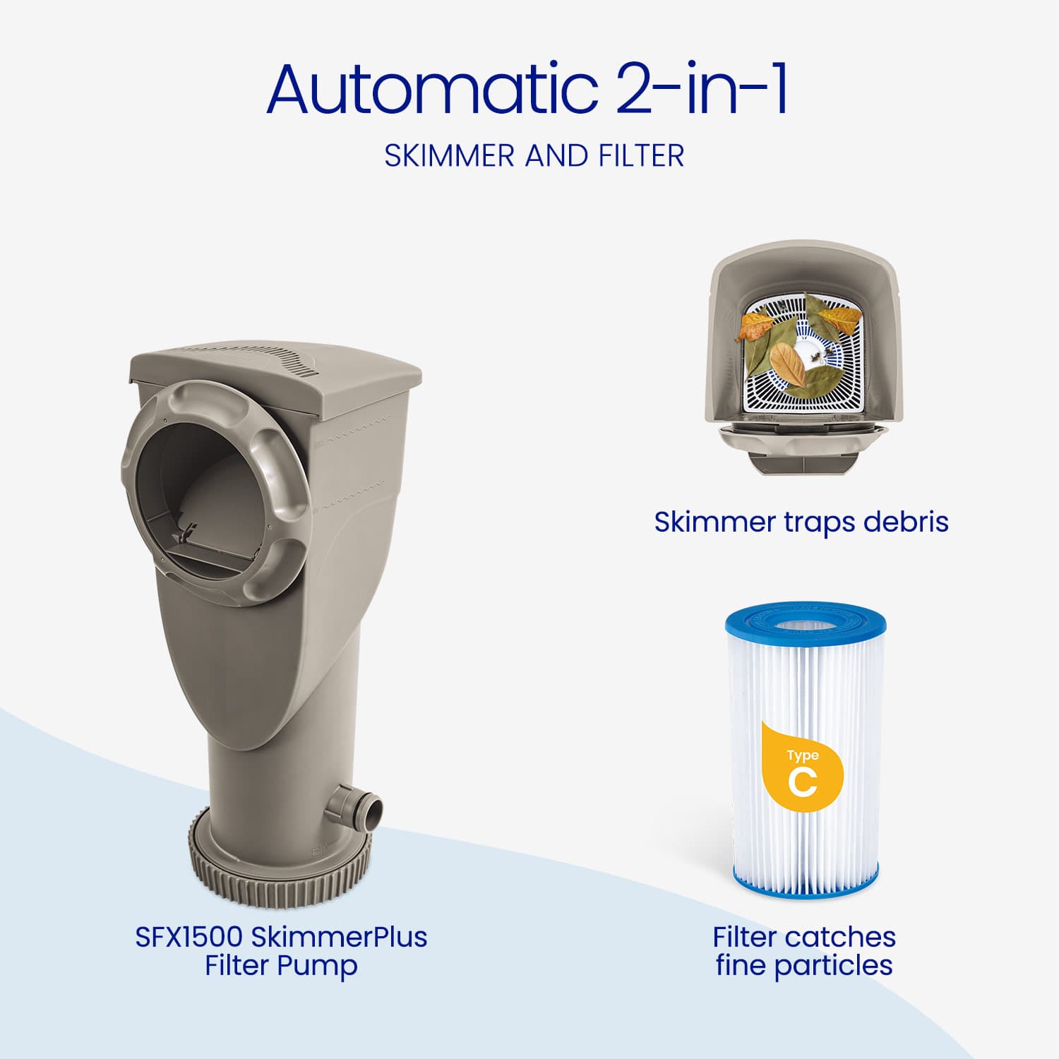 2-in-1 skimmer and filter system with pump and filter cartridge on a white background