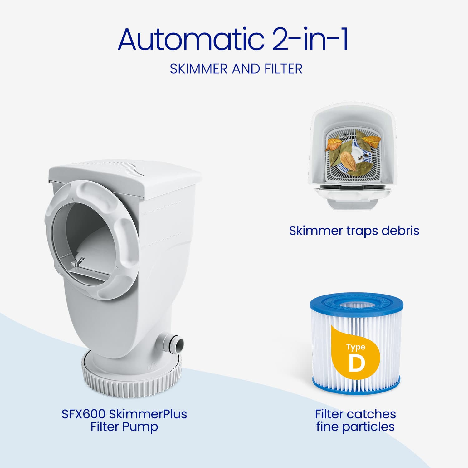 2-in-1 skimmer and filter system with SFX600 SkimmerPlus Filter Pump on a white background