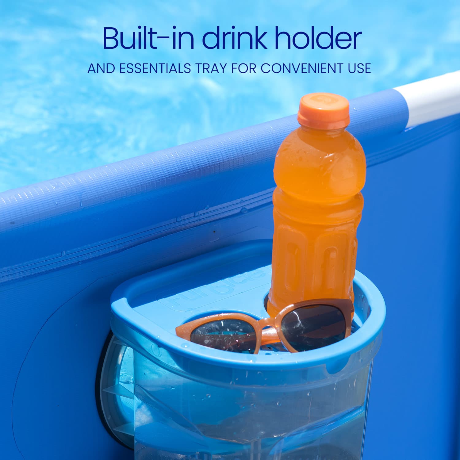 Blue poolside drink holder with an orange bottle and sunglasses, set against a pool background.