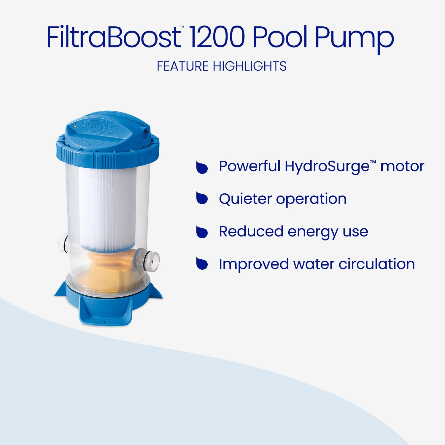 FiltraBoost 1200 Pool Pump with feature highlights on a white background