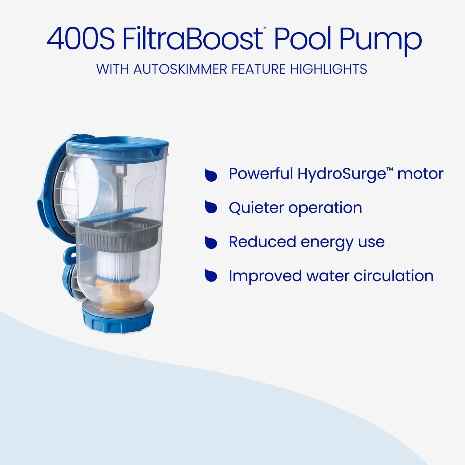 400S FiltraBoost Pool Pump with AutoSkimmer feature highlights on a white background