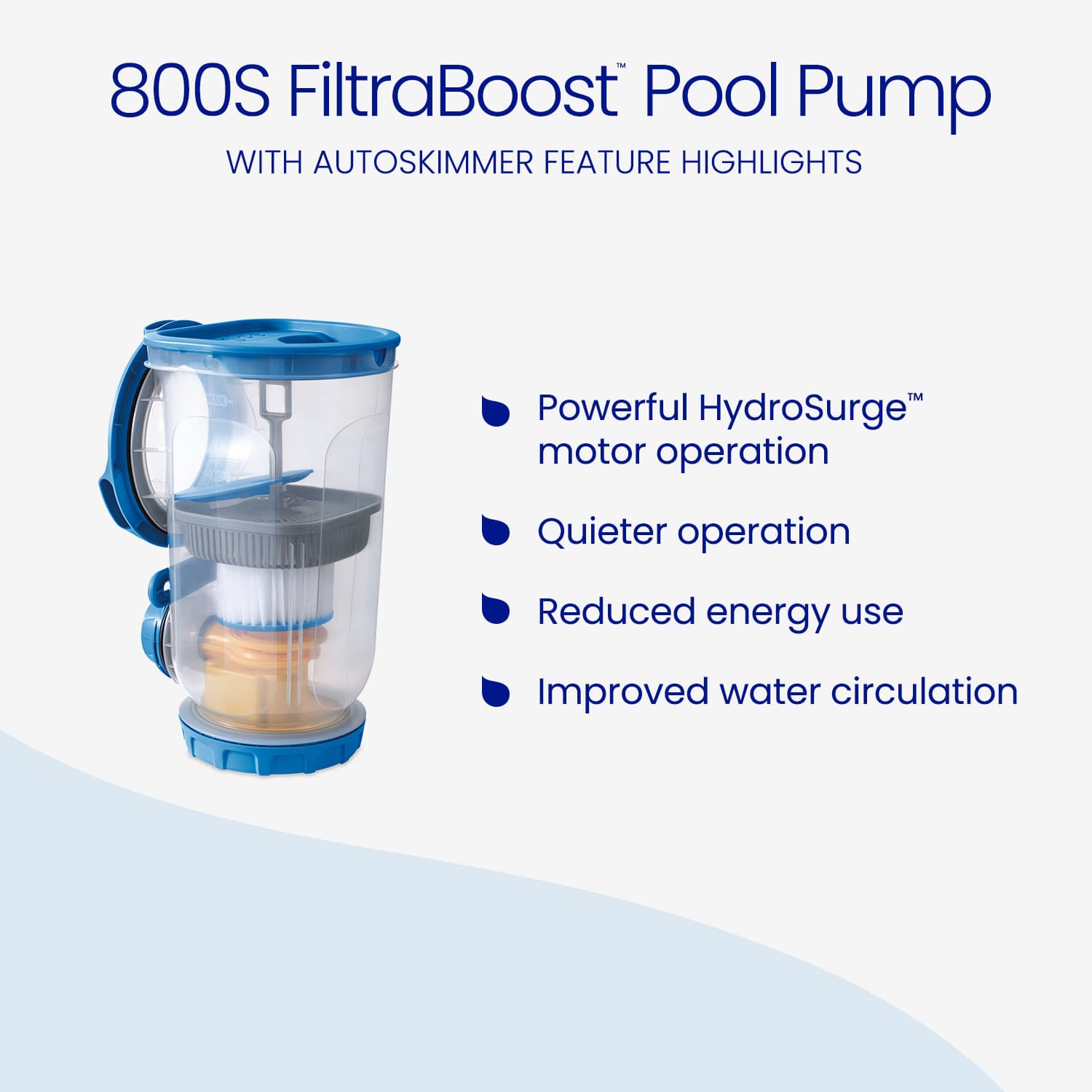 800S FiltraBoost Pool Pump with features listed on a white background