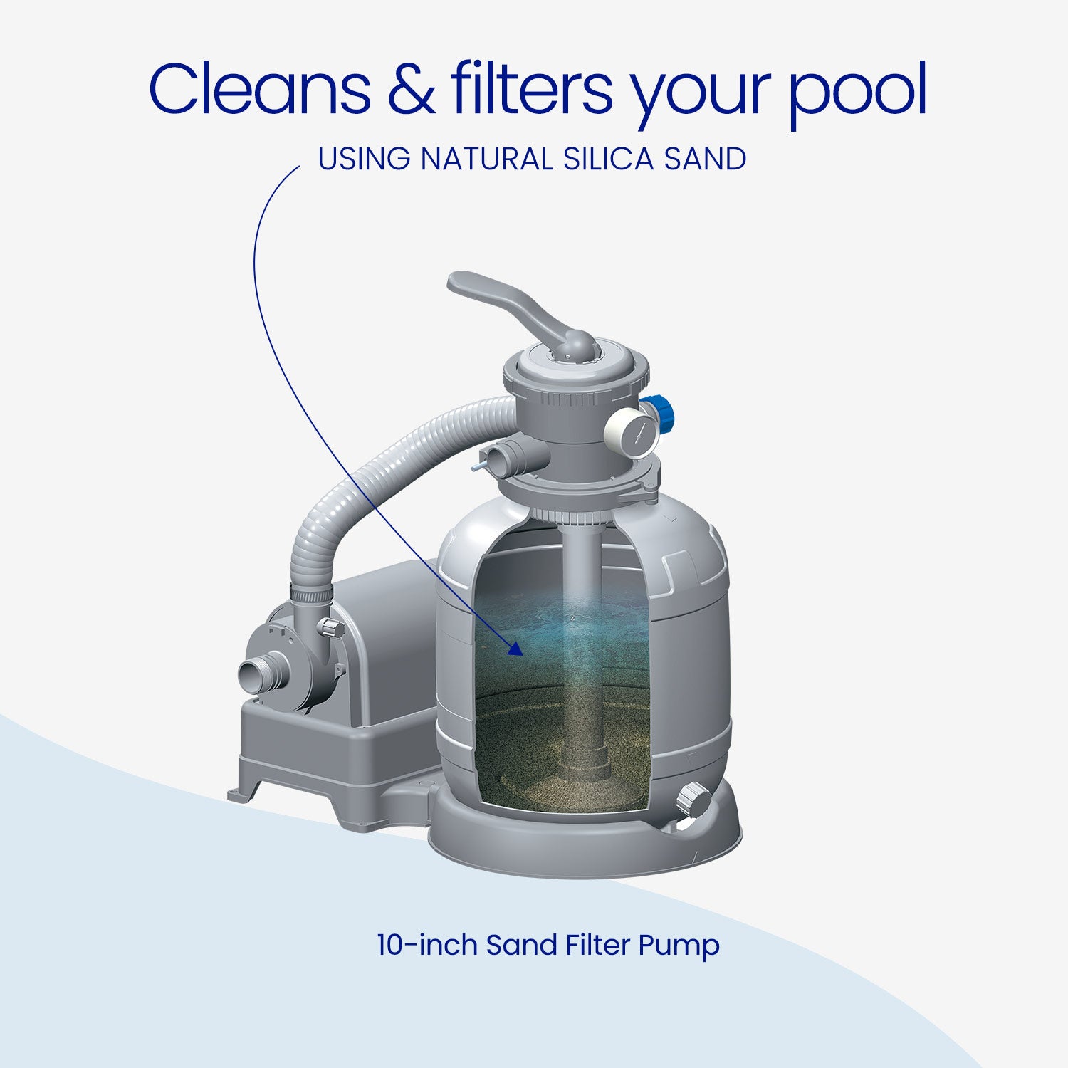 10-inch sand filter pump for pool cleaning with text on a light blue background