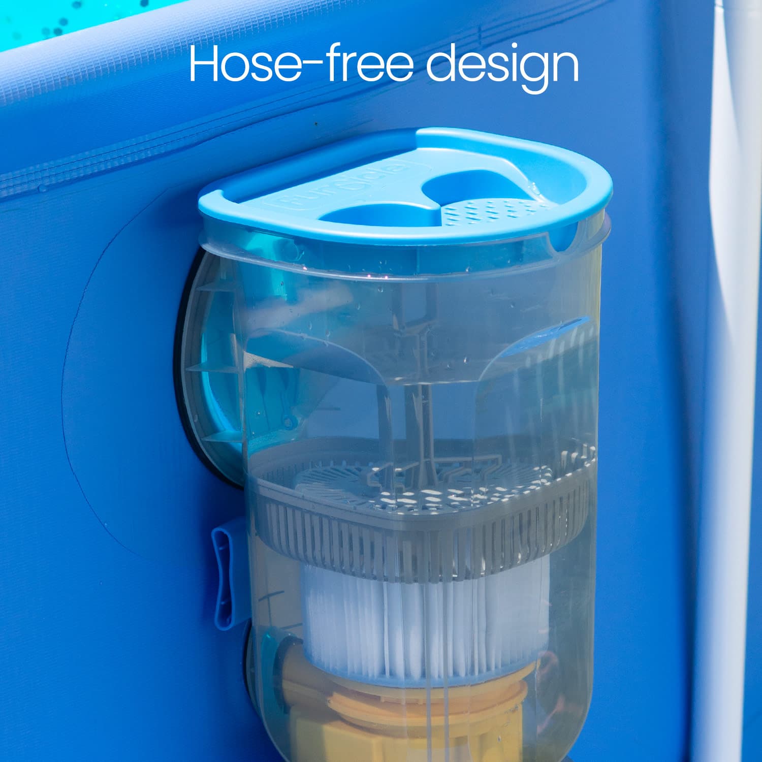 hose-free design pool pump with clear container and visible filter.