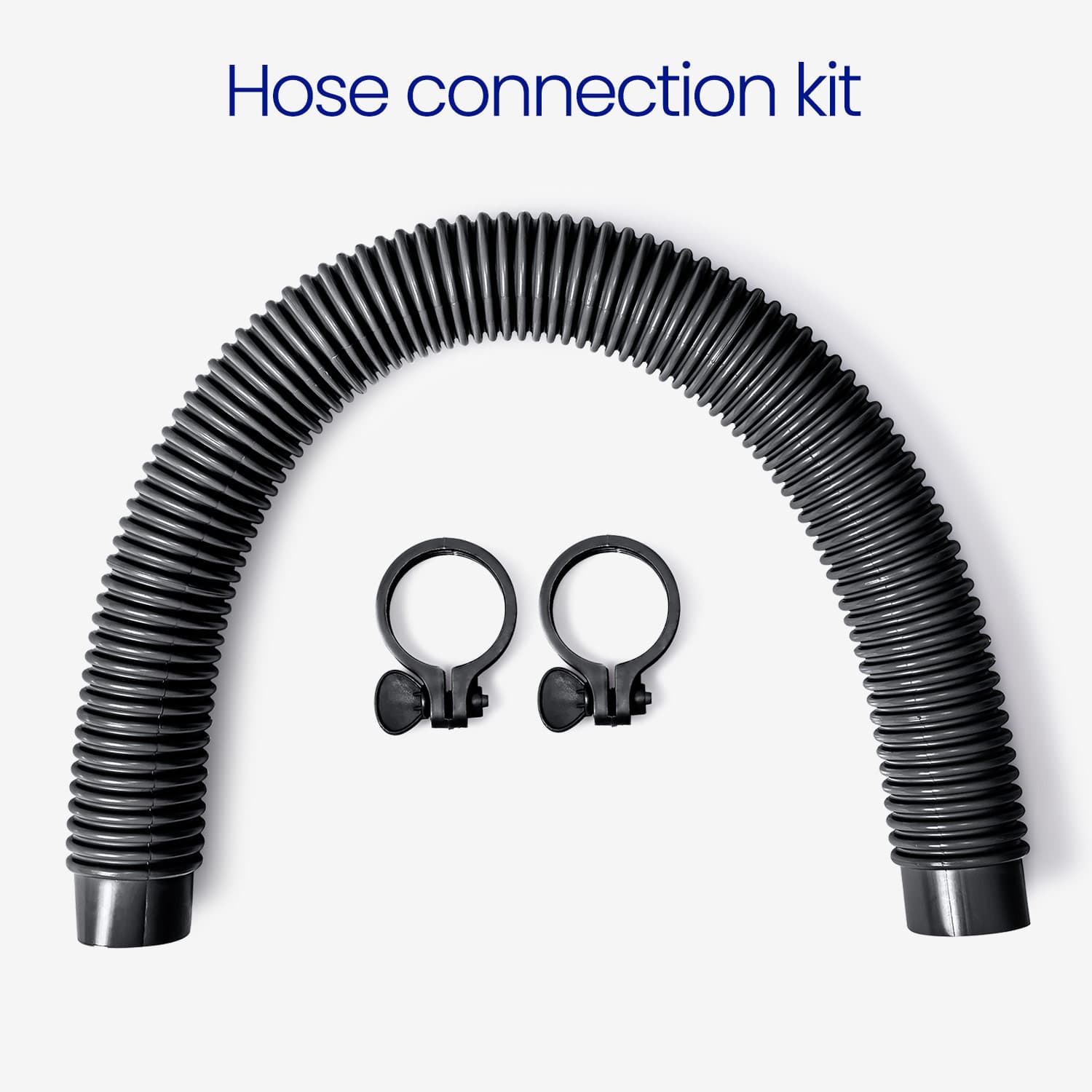 Hose connection kit with black flexible hose and clamps on a white background