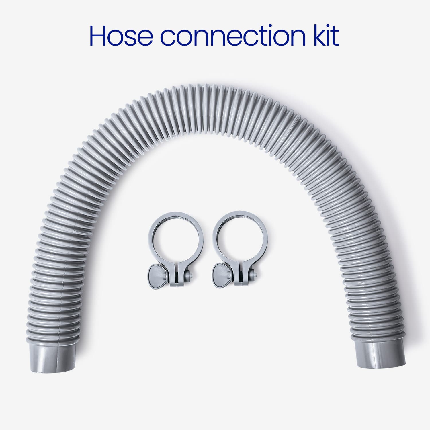 Hose connection kit with gray hose and clamps on a white background