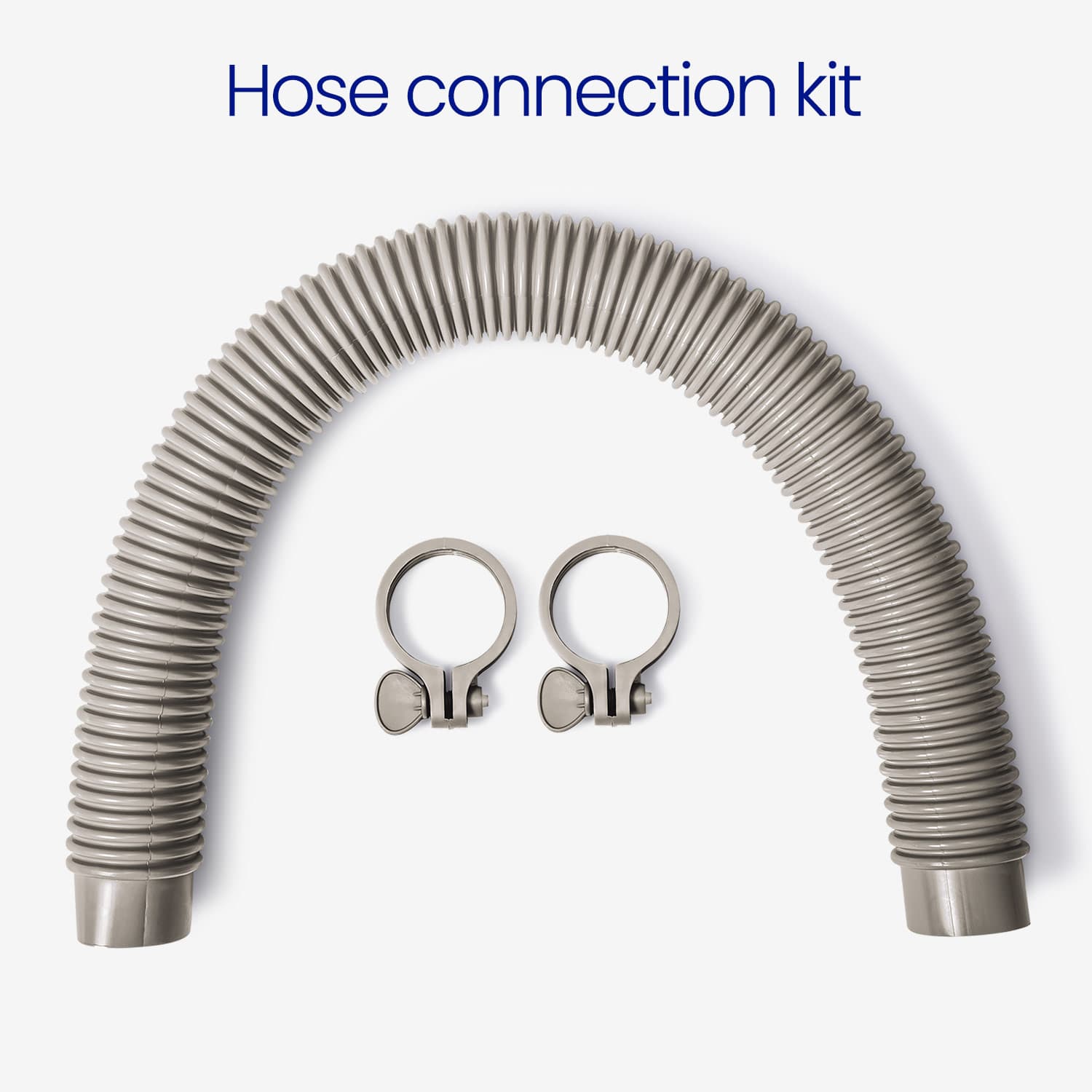 Hose connection kit with a flexible hose and two clamps on a white background