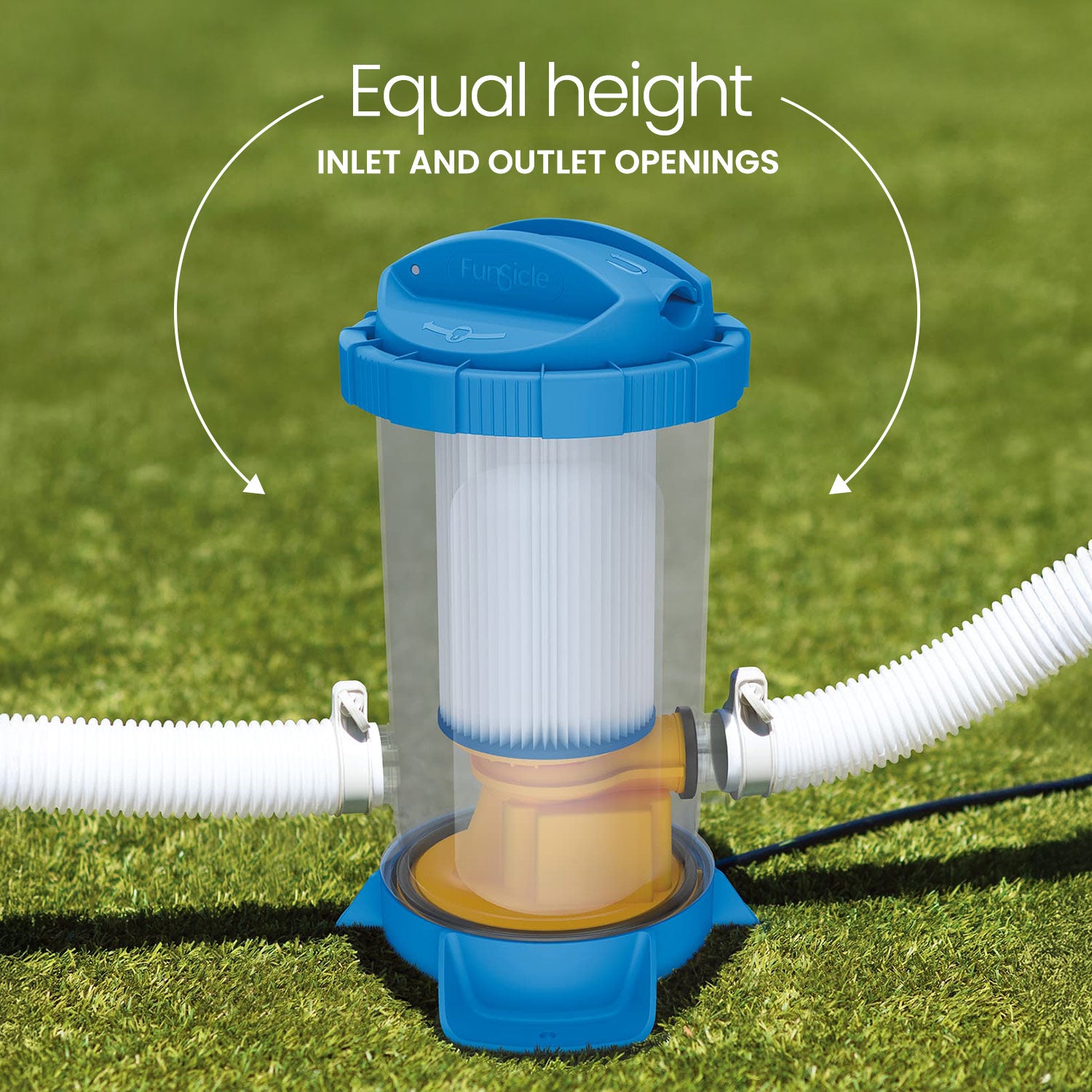 Pool filter pump with equal height inlet and outlet openings on a grass background