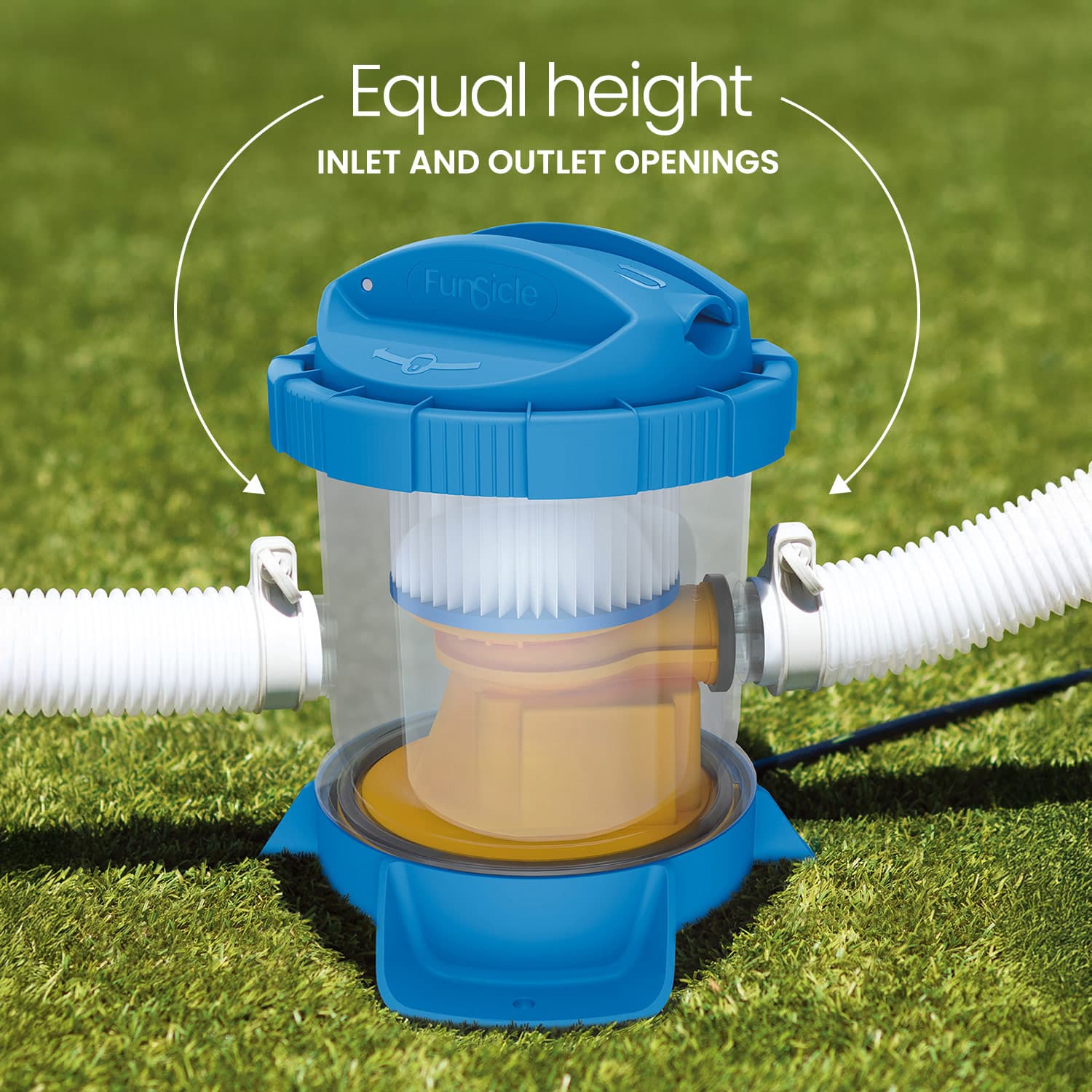 Blue pool filter pump with white hoses on grass, labeled 'Equal height inlet and outlet openings'.