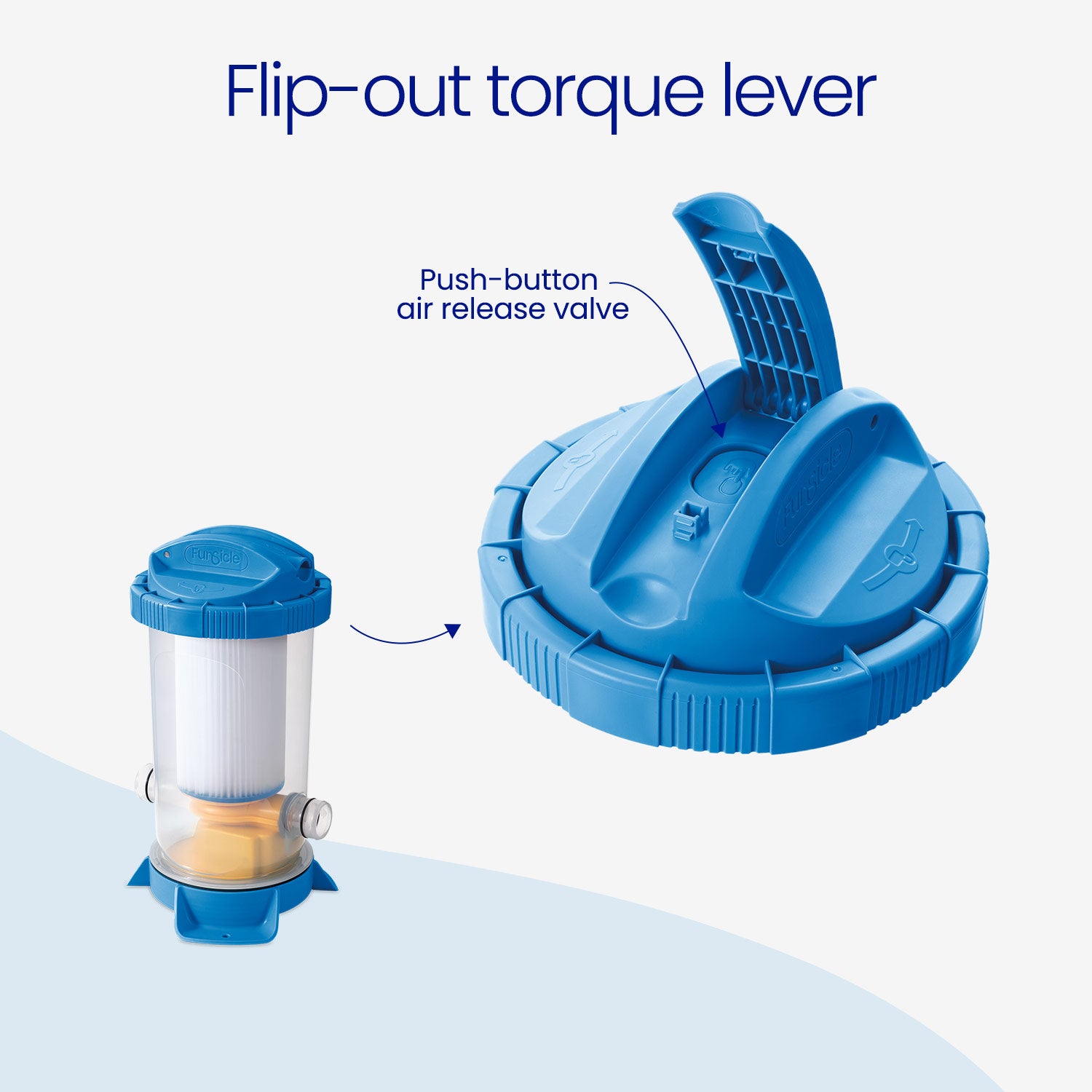 Blue pool pump with flip-out torque lever and push-button air release valve on a light blue background