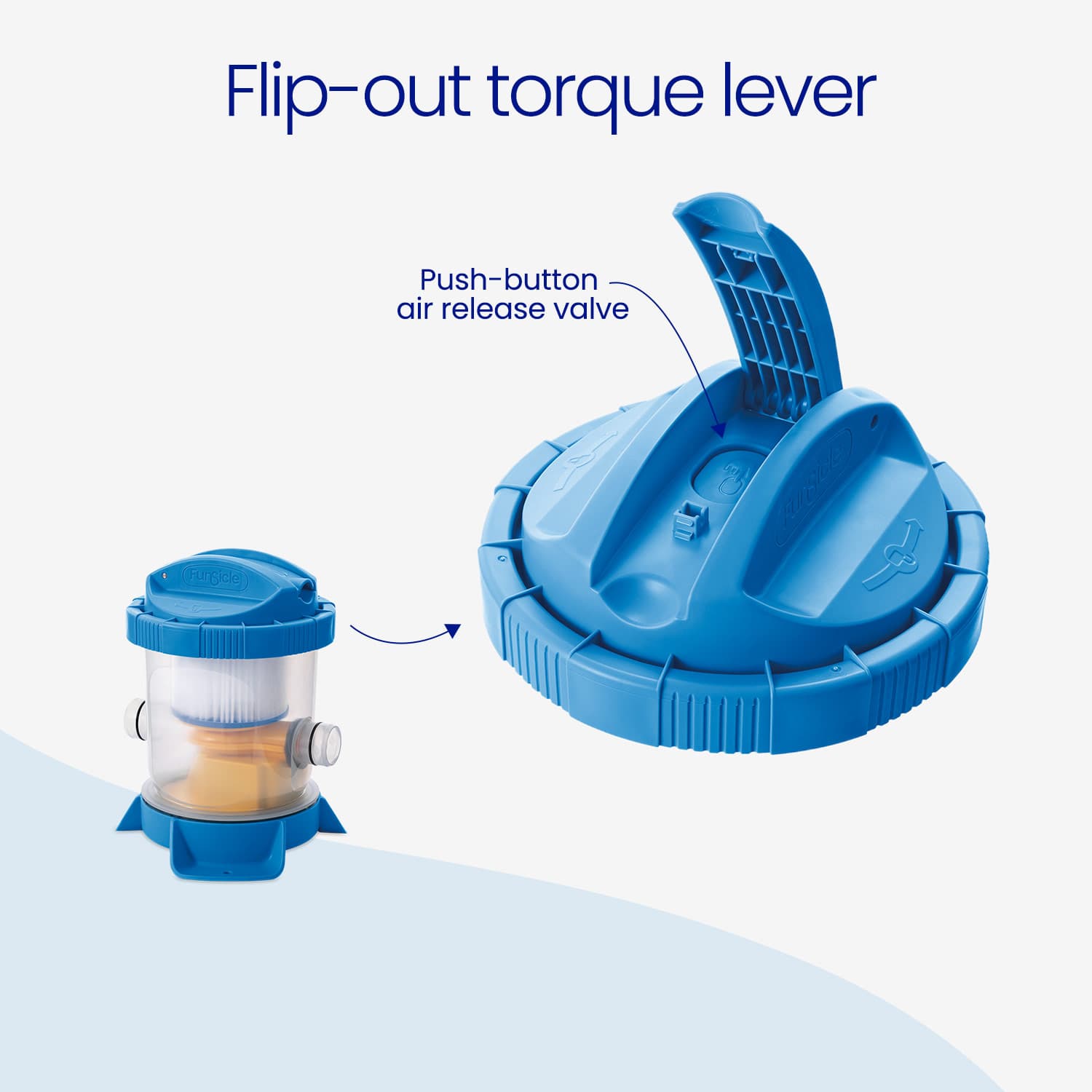 Blue flip-out torque lever with push-button air release valve on a white background