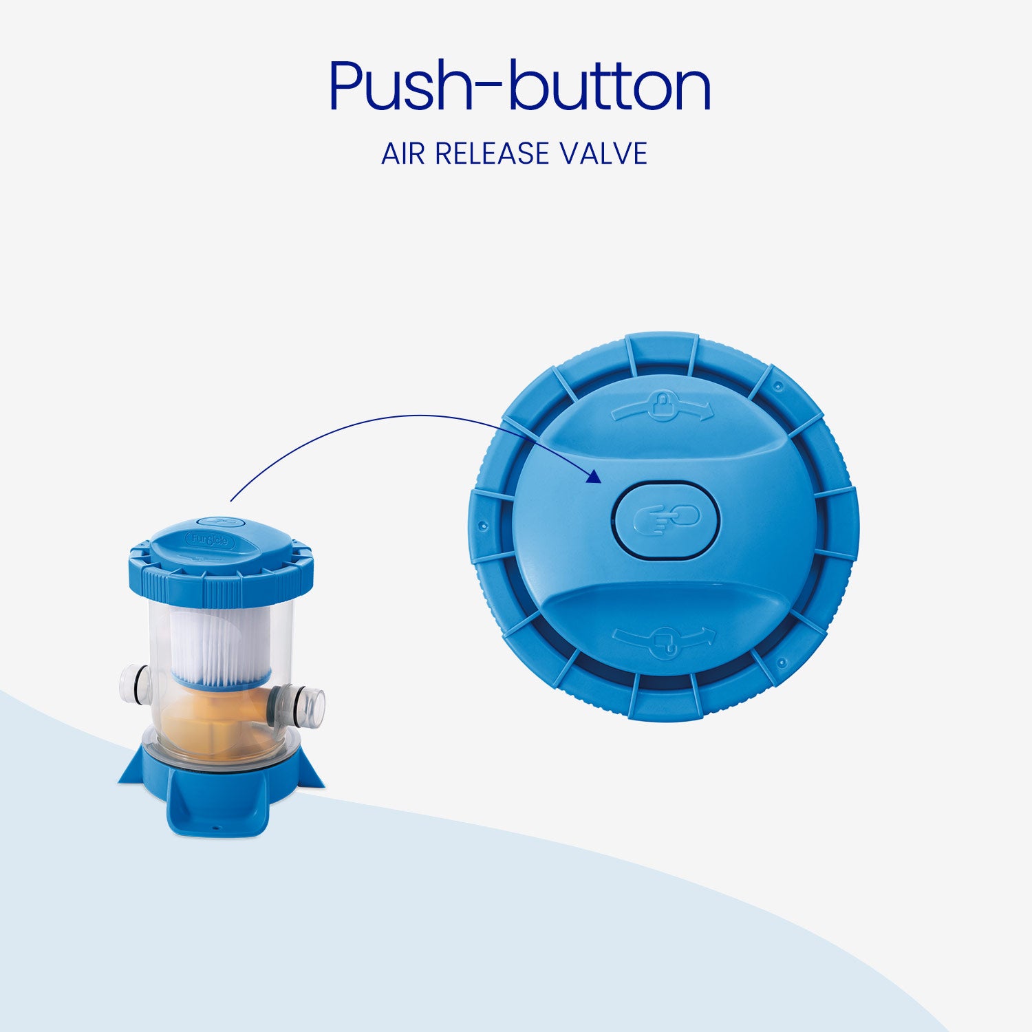 Blue push-button air release valve on a white background