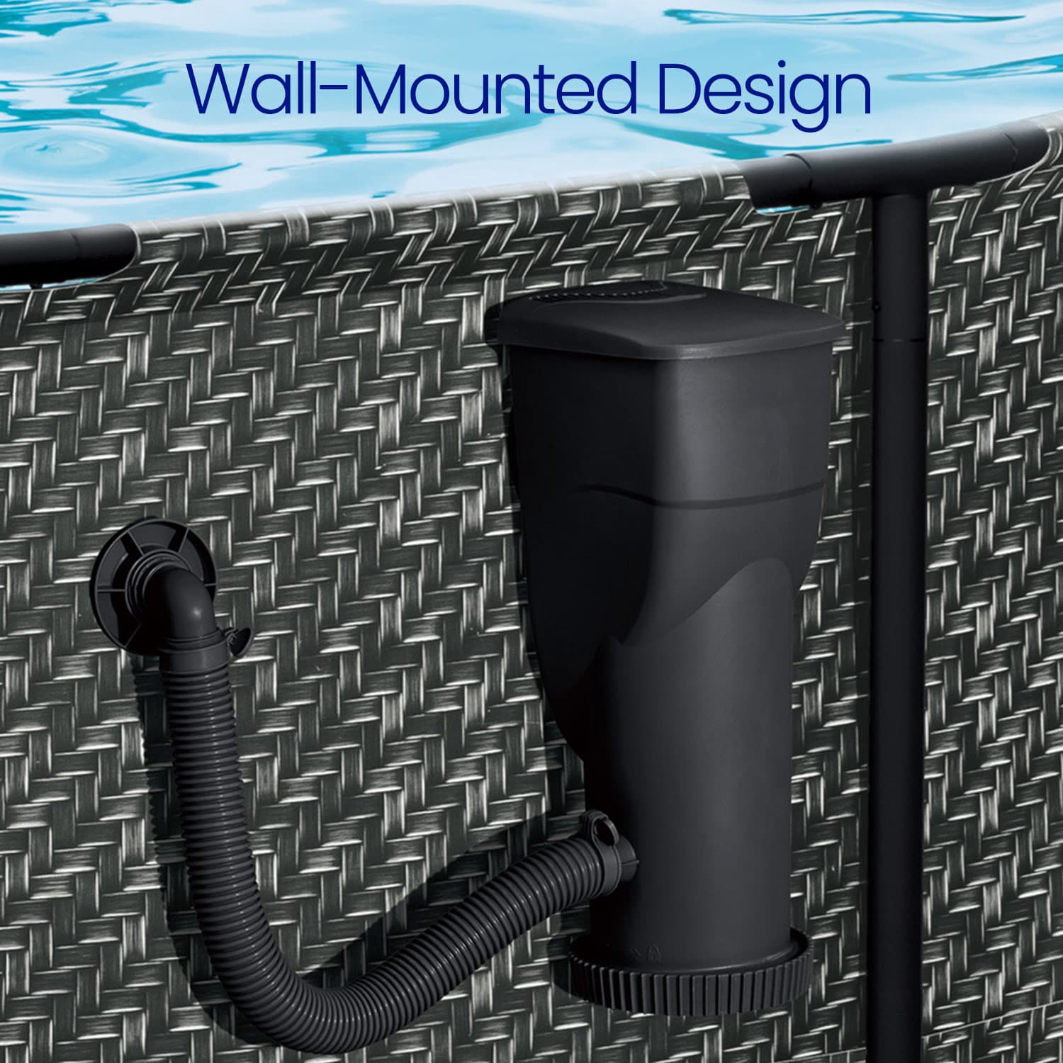 Black wall-mounted pool filter system with text 'Wall-Mounted Design' on a pool background.