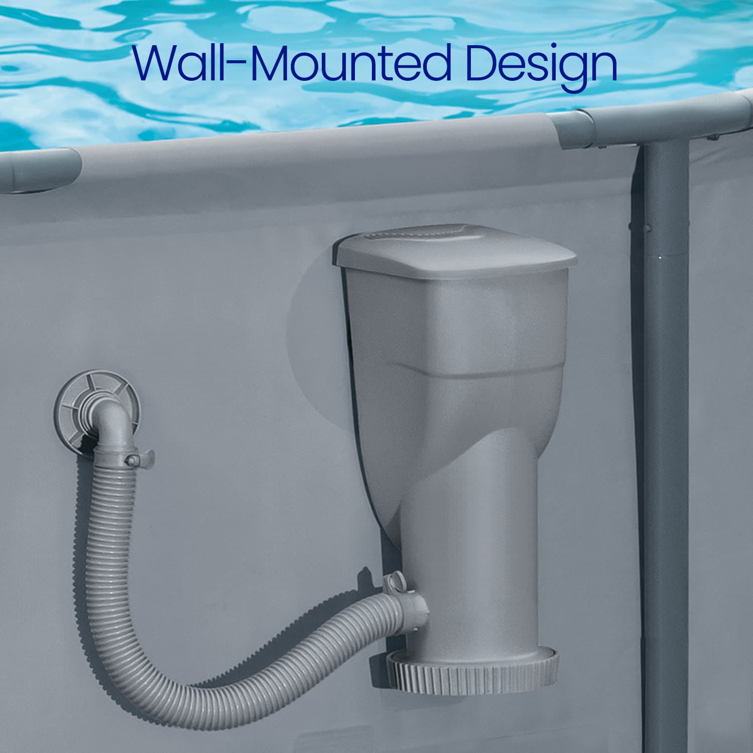 Wall-mounted pool cleaning system with hose attachment on a poolside background