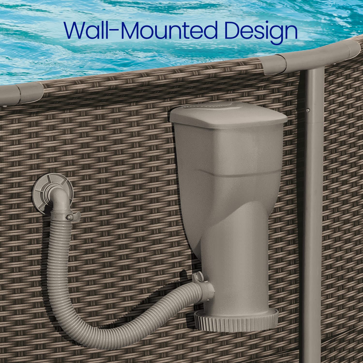 Wall-mounted pool filter system with wicker pool deck background