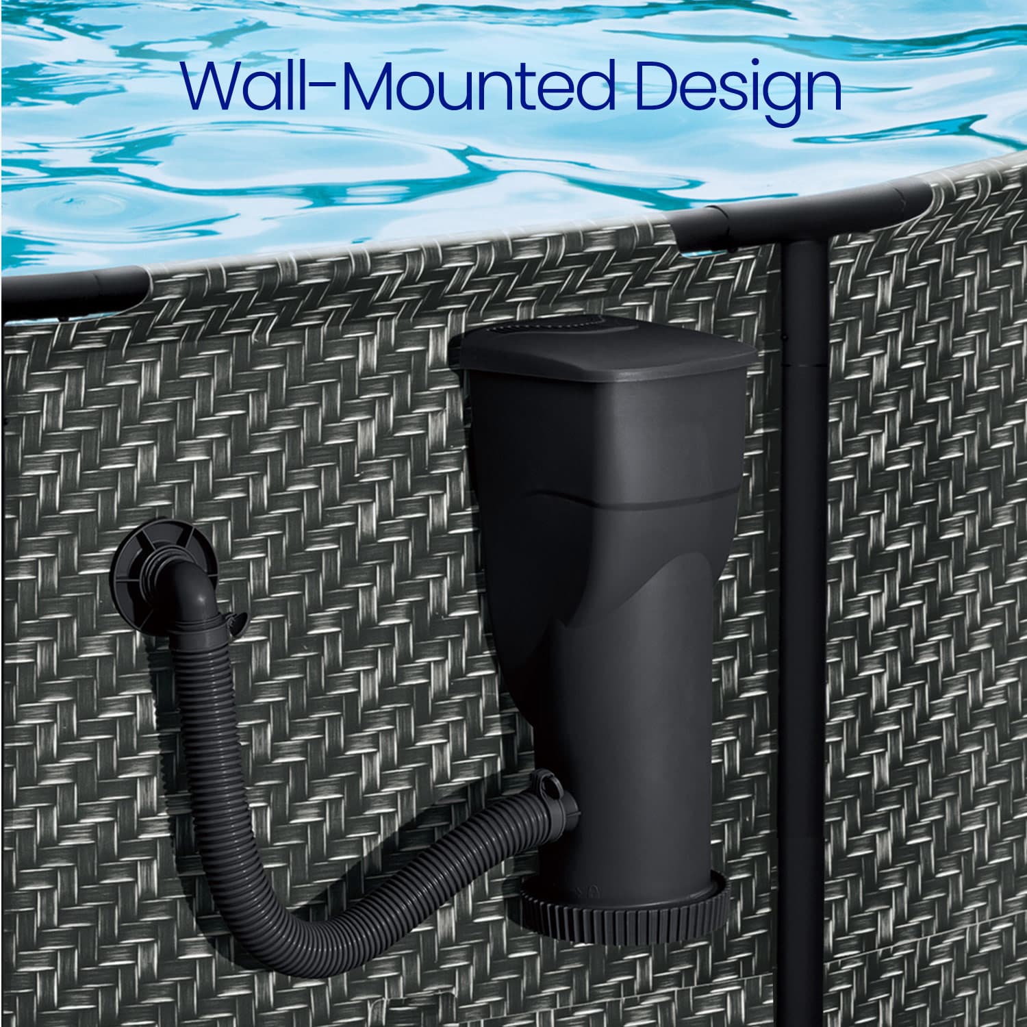 Wall-mounted pool pump system with text 'Wall-Mounted Design' above a pool.