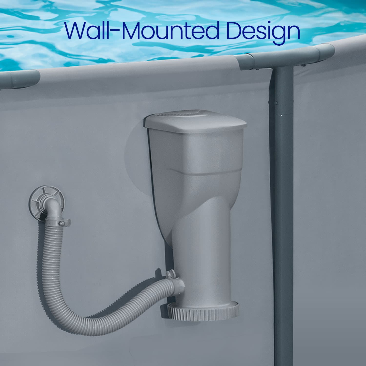 Wall-mounted pool filter system with text 'Wall-Mounted Design' above a pool.
