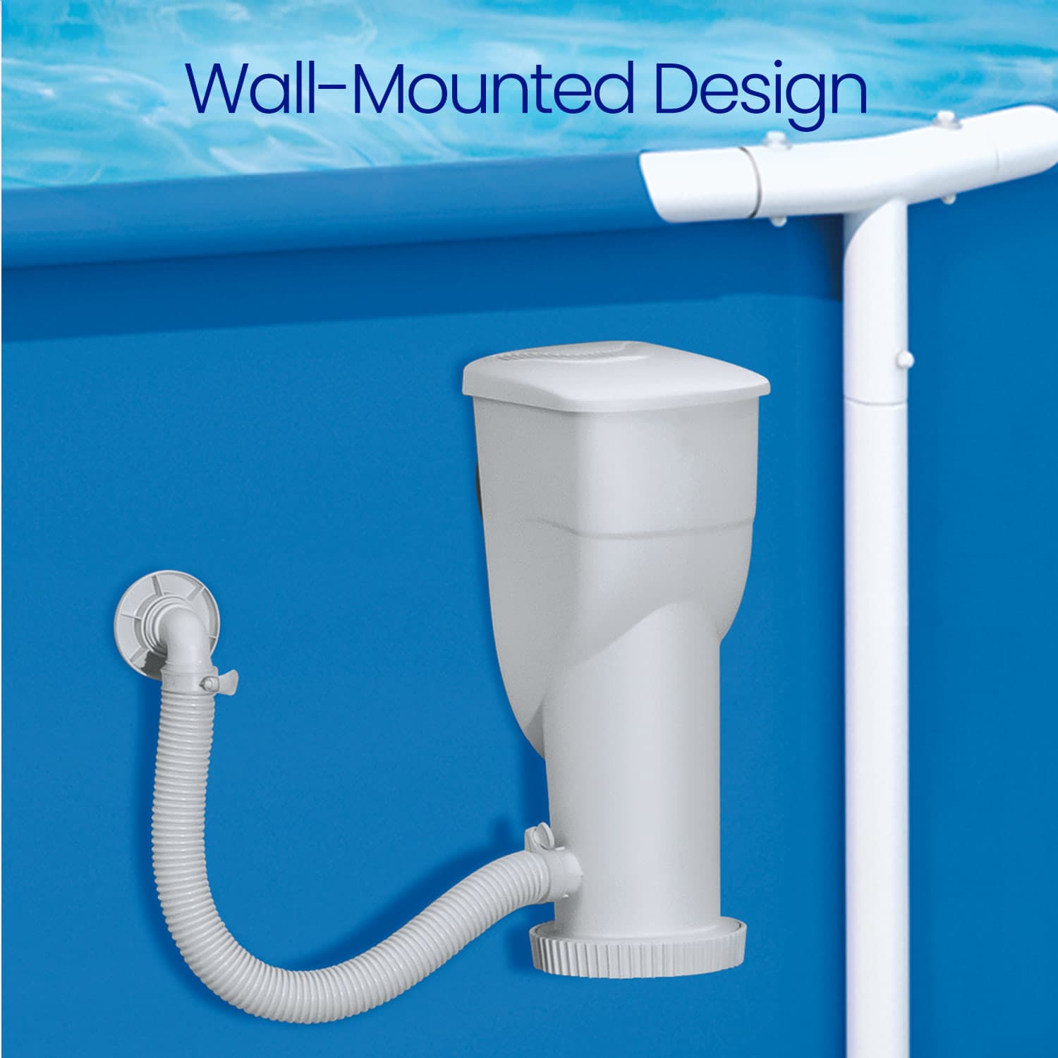 Wall-mounted pool cleaning system with hose against a blue pool background