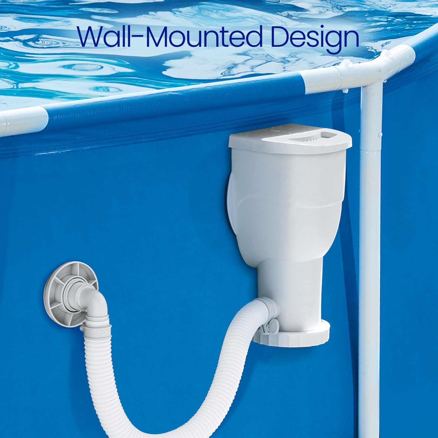 Wall-mounted pool filter pump attached to a blue pool.