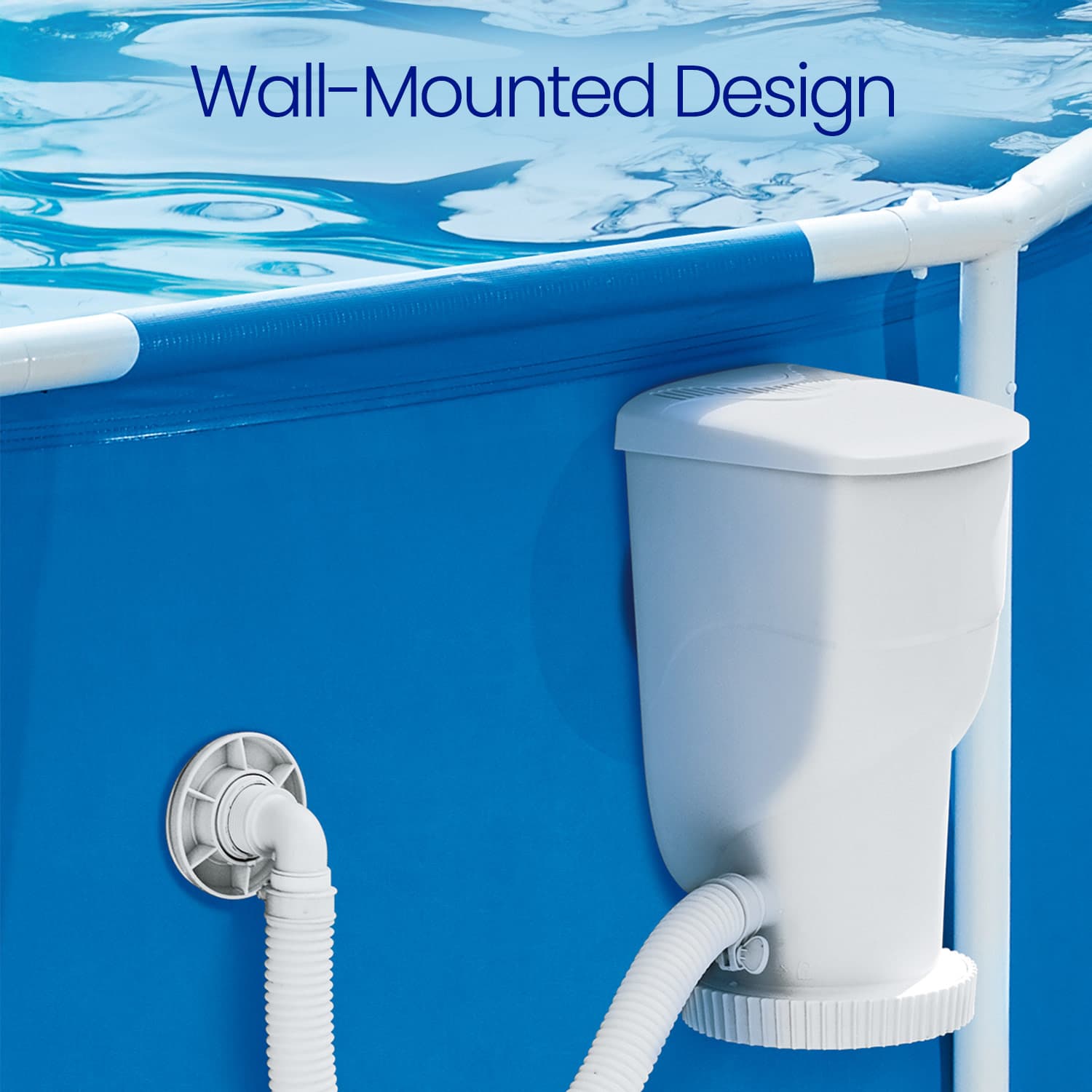 Wall-mounted pool filter system with blue pool water in the background