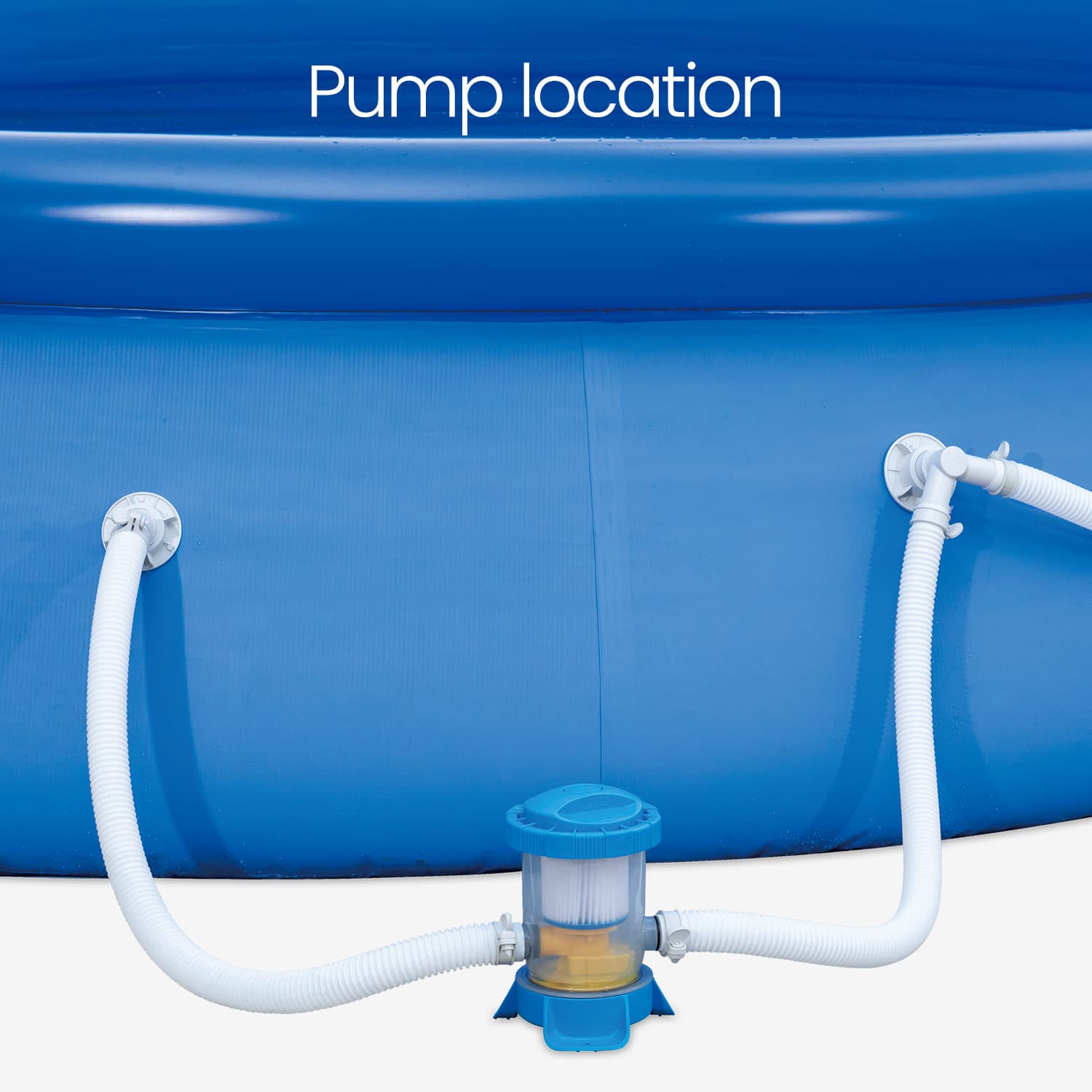 Inflatable pool with pump and hoses attached, labeled 'Pump location'.