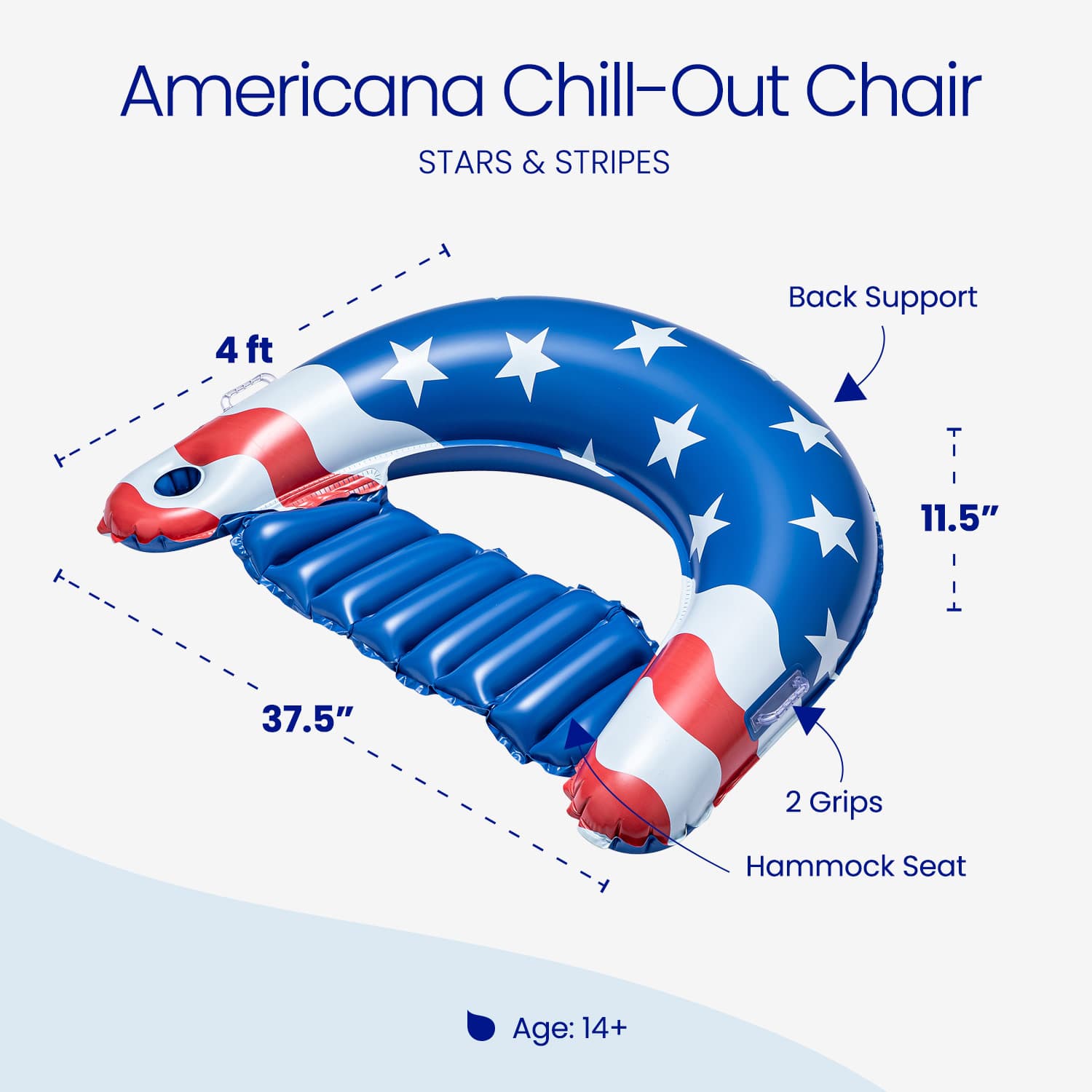 Inflatable chair with American flag design and measurements on a white background