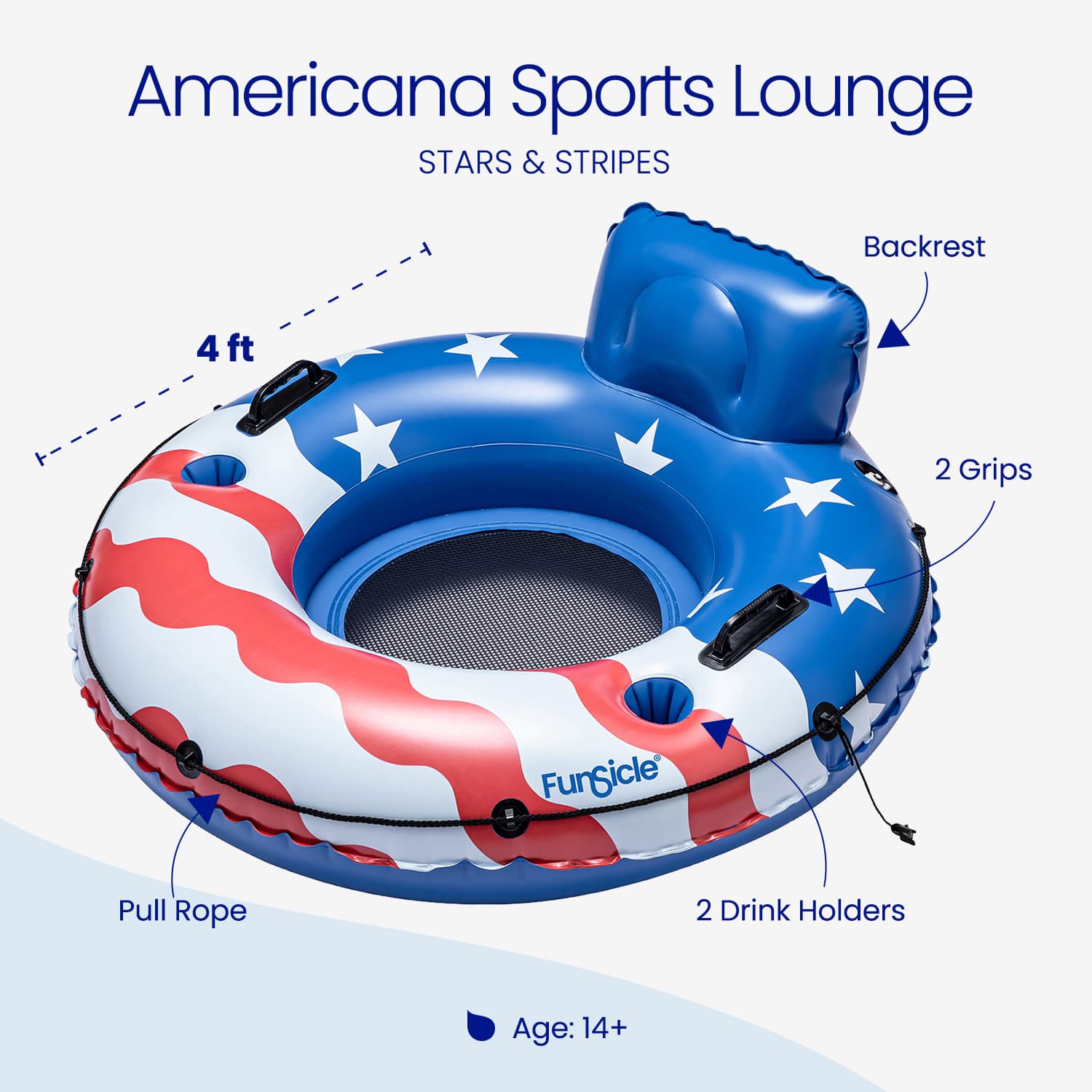 Inflatable pool float with American flag design and features labeled, branded 'Funticle'.