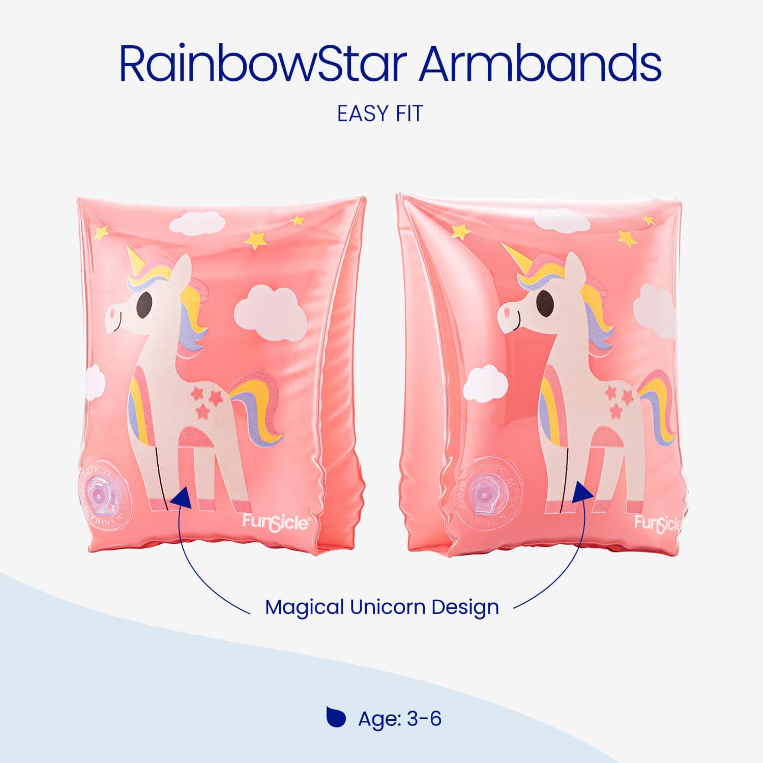 Two pink inflatable arm bands with unicorn design on a white background, labeled 'RainbowStar Armbands'.