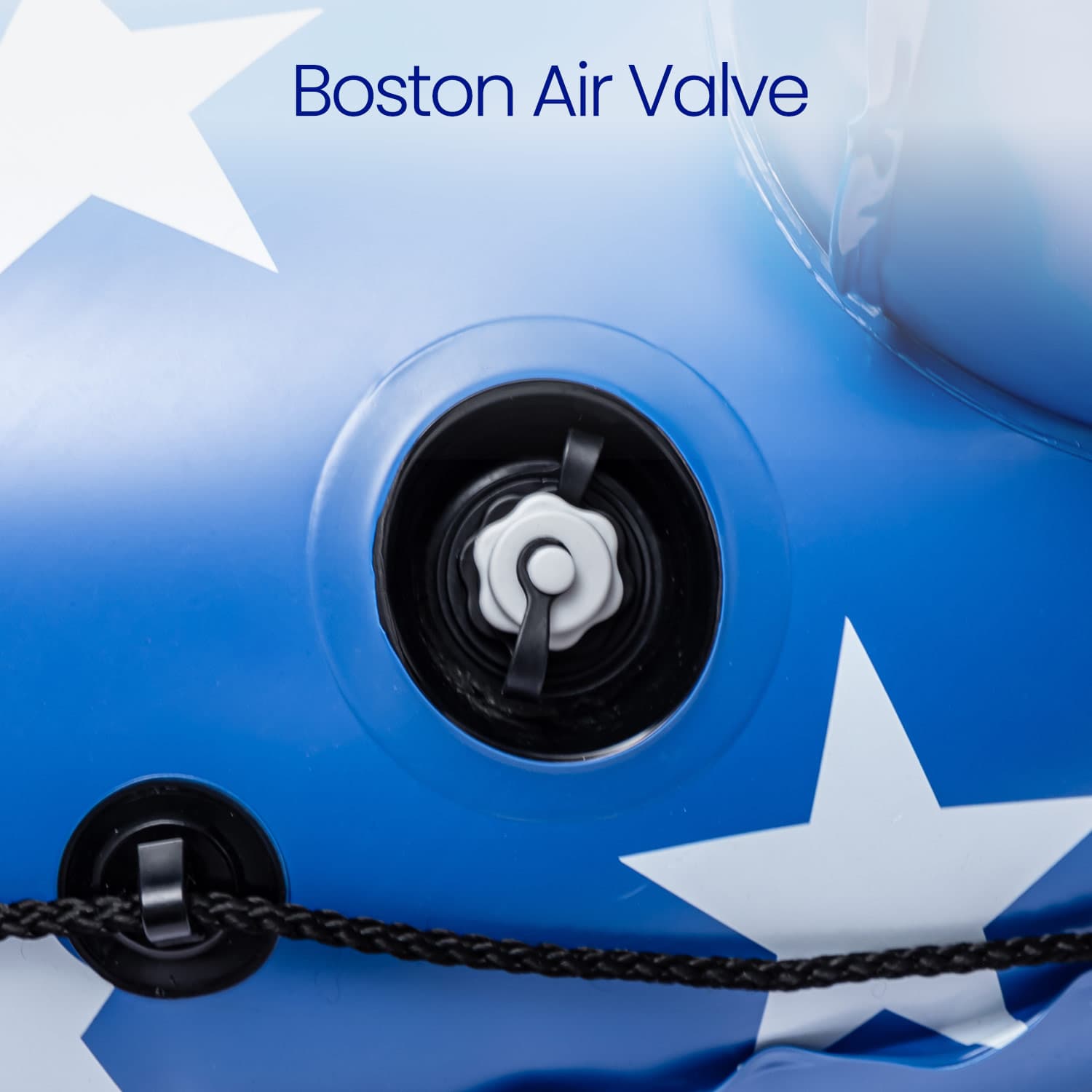 Blue valve with star design and 'Boston Air Valve' text