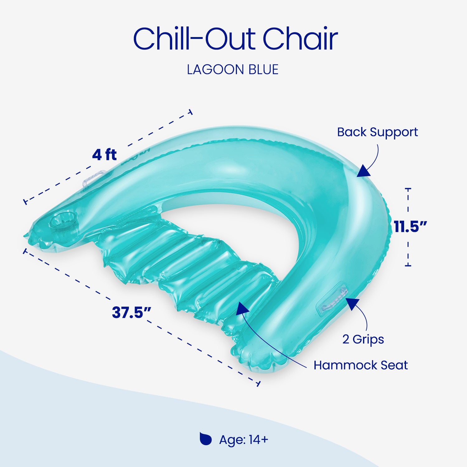 Inflatable lounge chair in lagoon blue with measurements and features on a white background