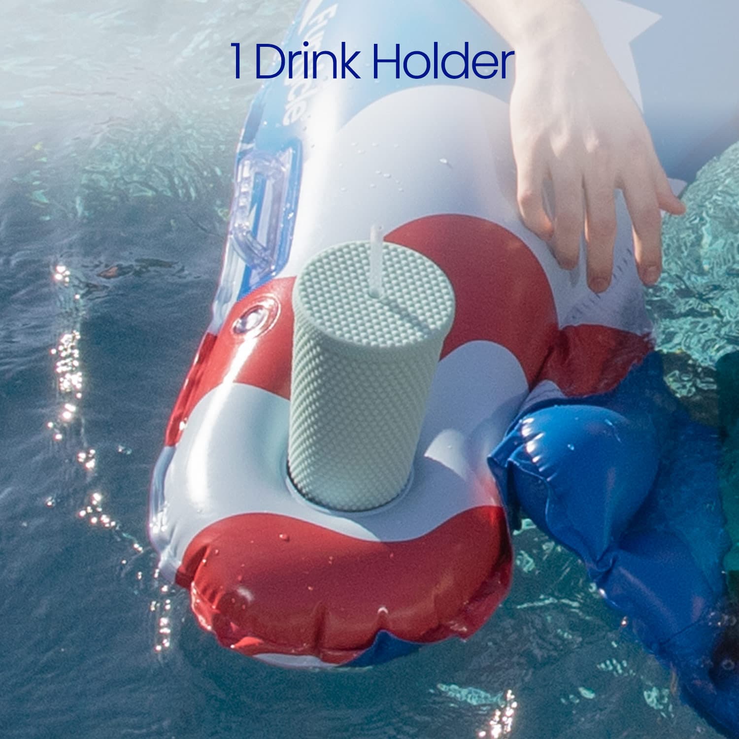 Inflatable drink holder with red and white design in water
