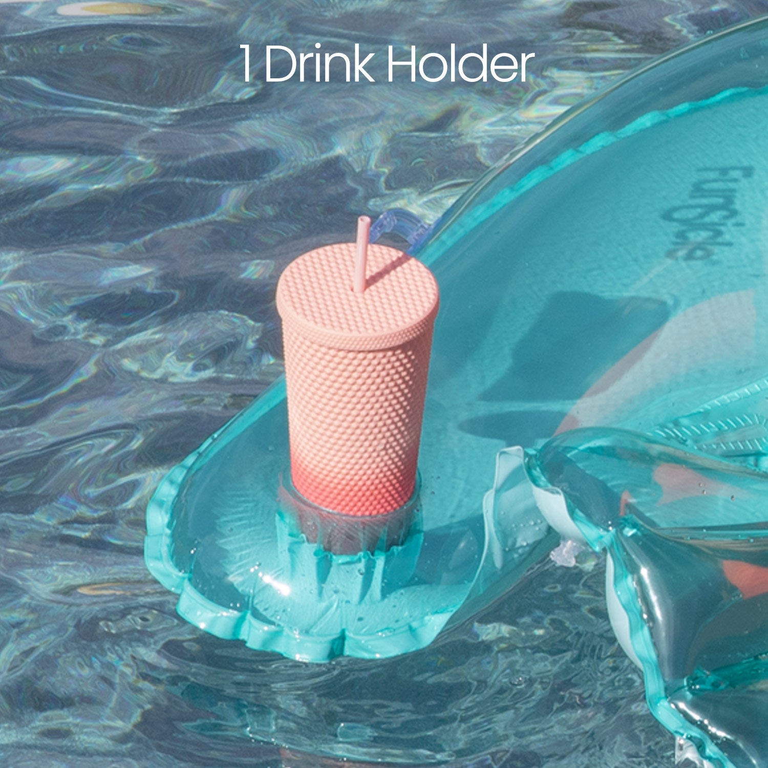 Pink drink holder with straw on a clear inflatable pool float in water