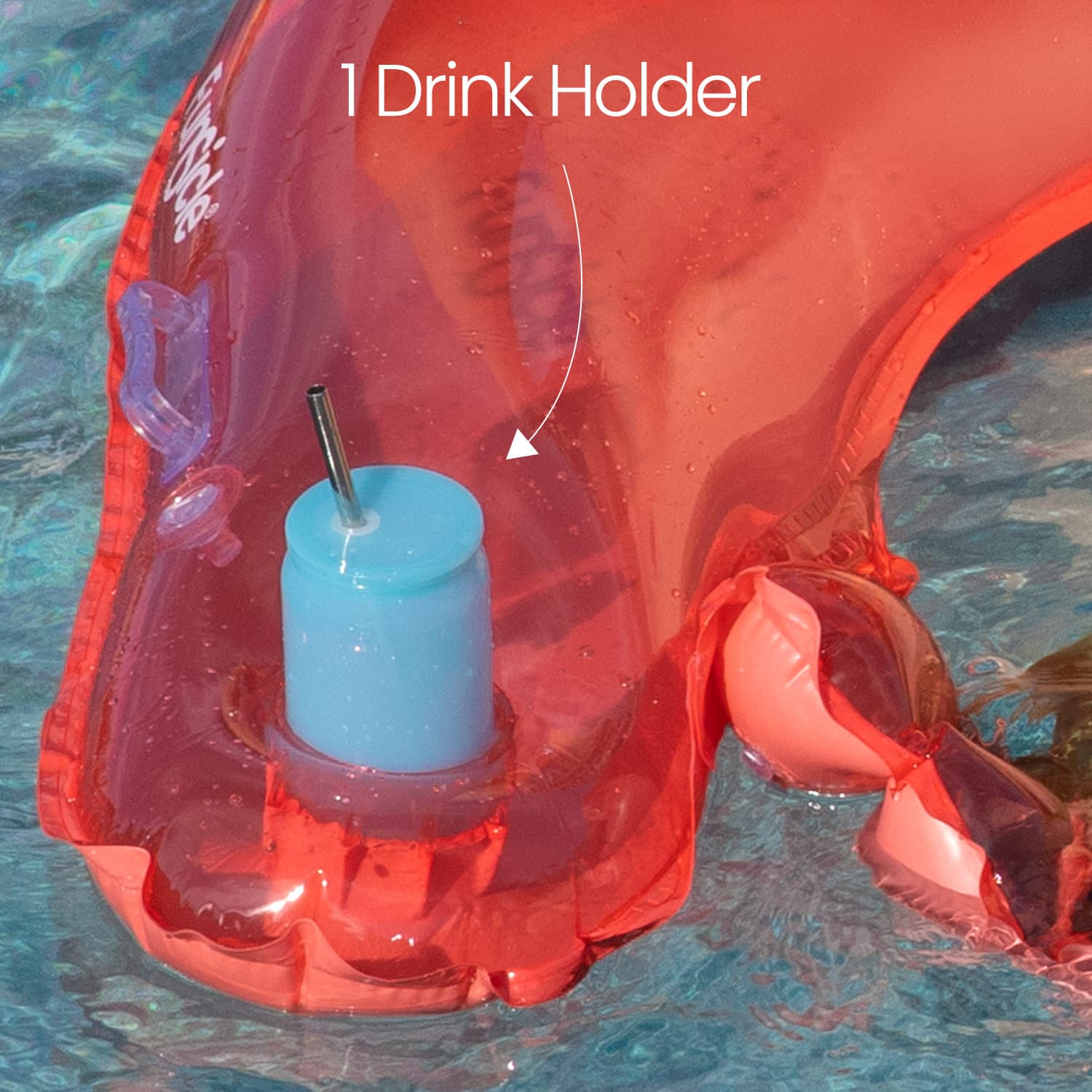 Red inflatable drink holder with a blue cup and straw in a pool.