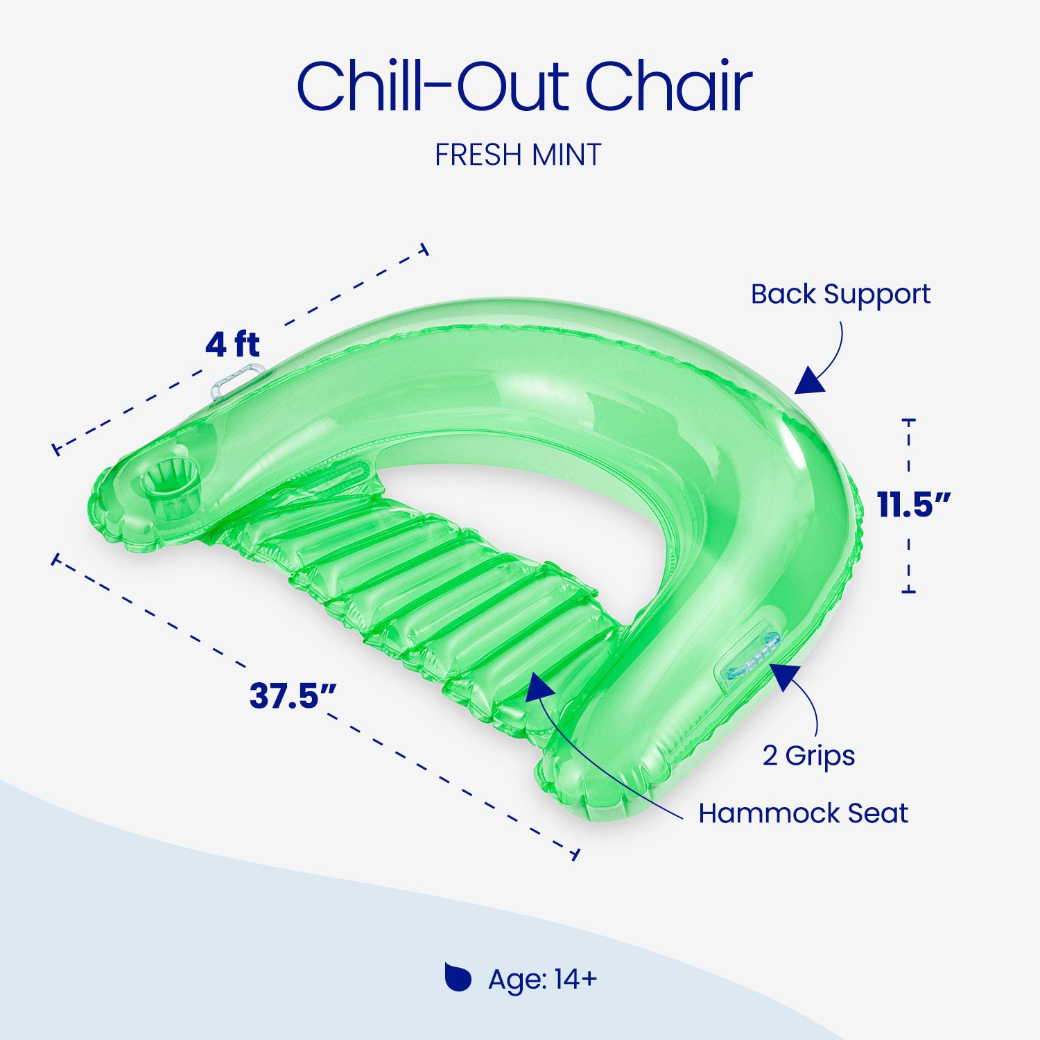 Inflatable 'Chill-Out Chair' with dimensions and features on a white background