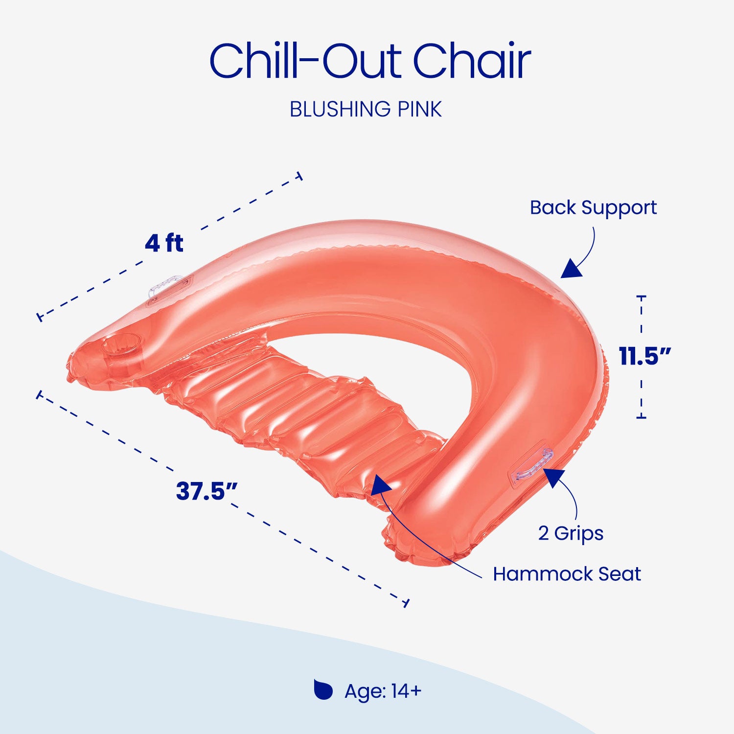Inflatable chair with dimensions and features labeled on a white background