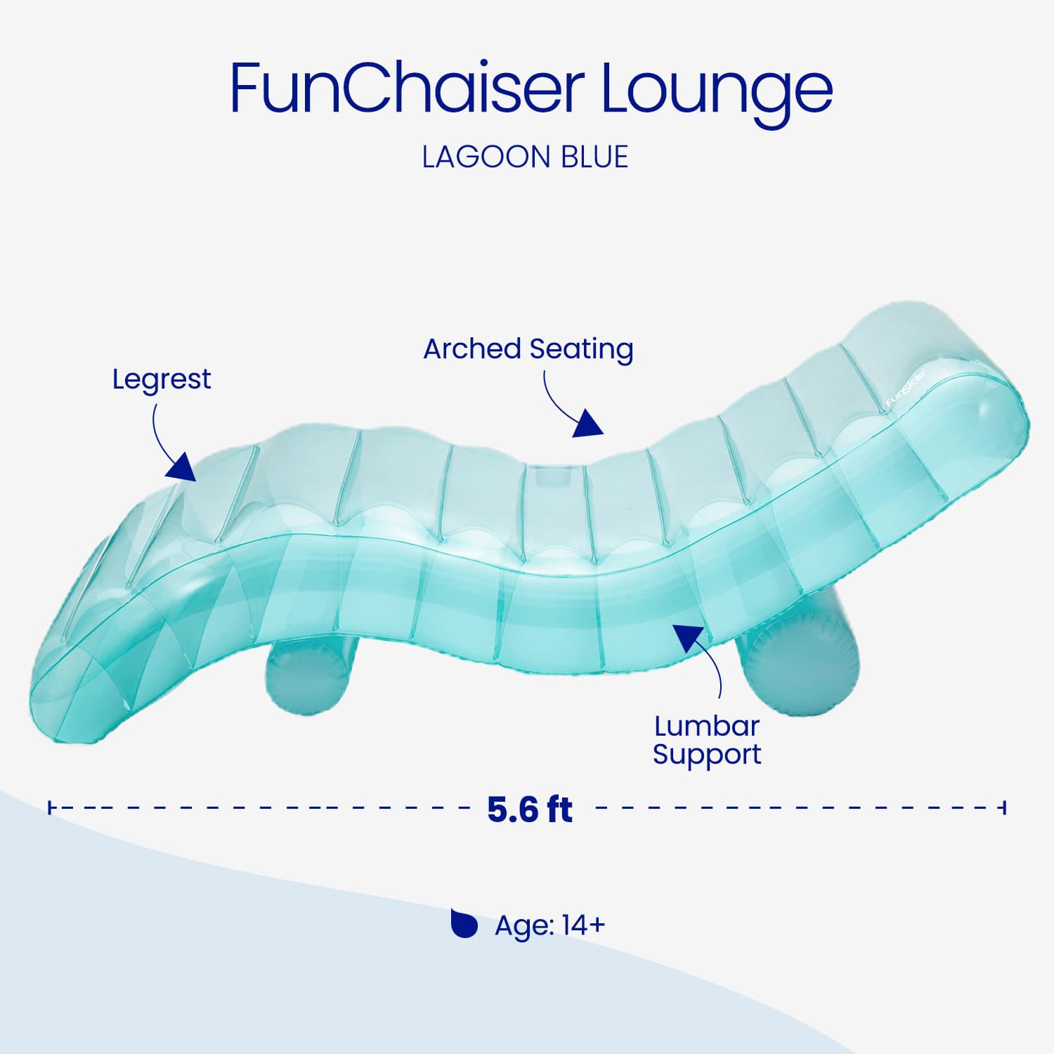 Inflatable lounge chair with labeled features on a white background