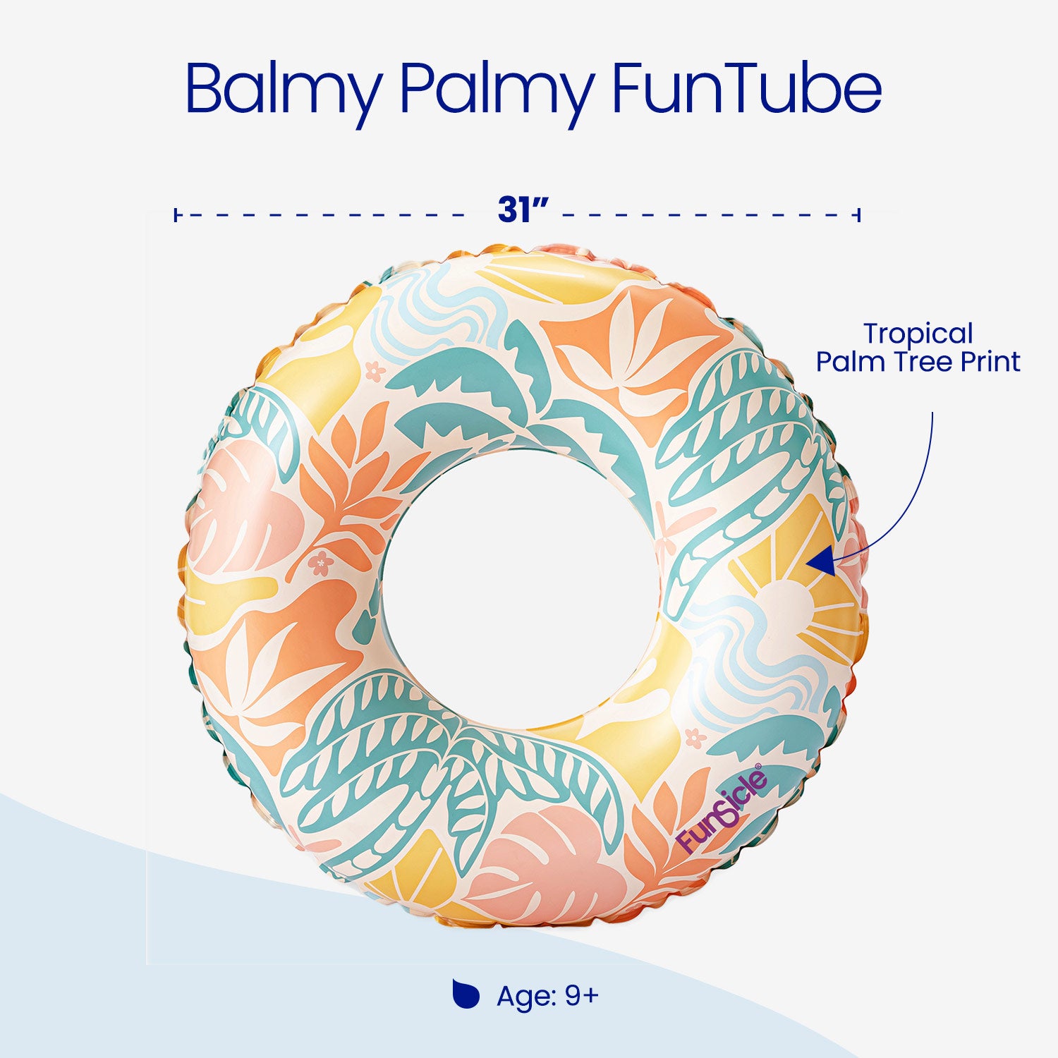 Colorful inflatable tube with tropical palm tree design on a white background