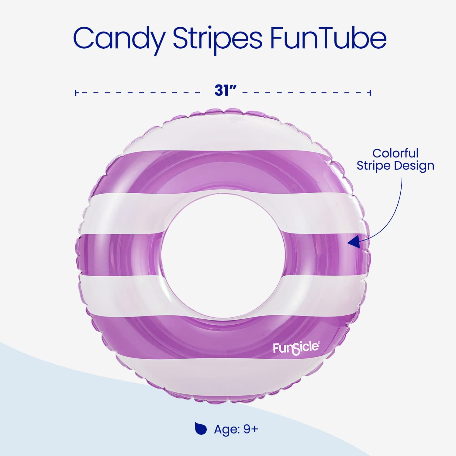 Purple and white striped inflatable tube with 'Funticle' branding on a white background