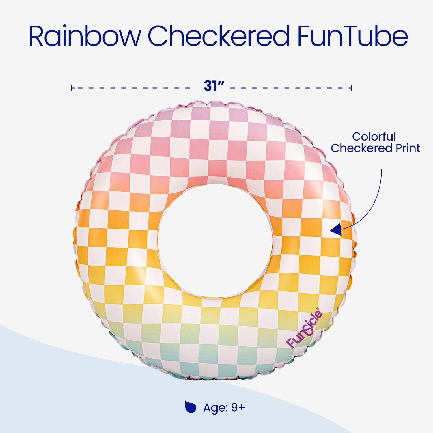 Rainbow checkered inflatable fun tube with dimensions and brand name on a white background