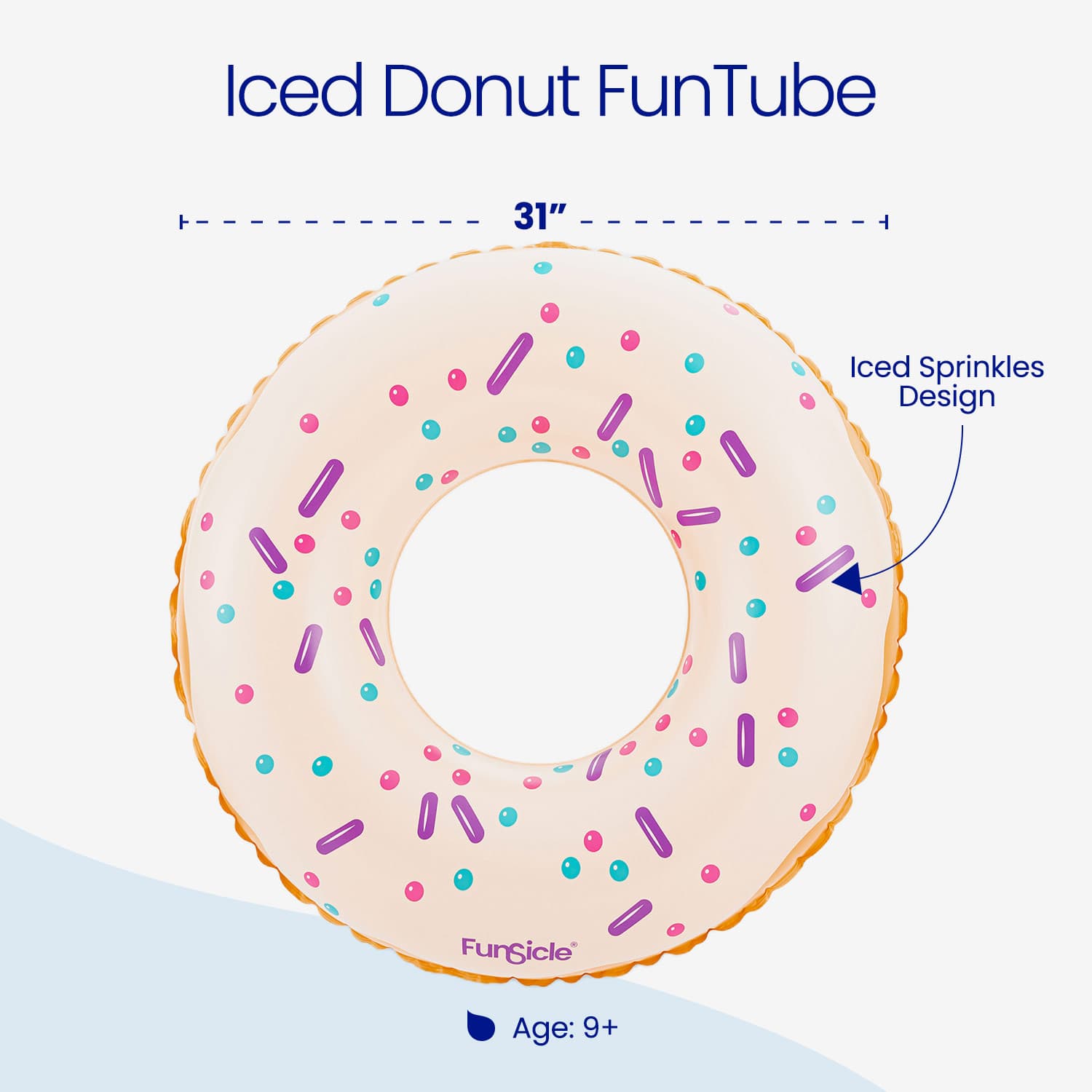 Inflatable donut pool toy with sprinkles design on a white background