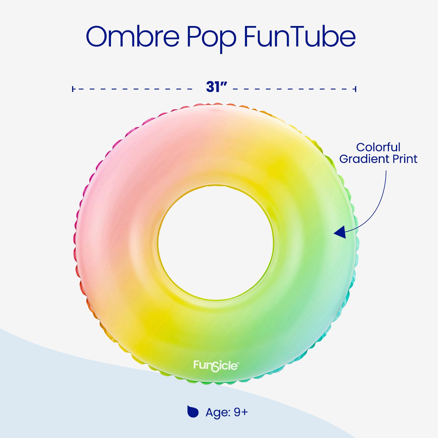 Gradient inflatable ring labeled 'Ombre Pop FunTube' with dimensions and brand name on a white background.