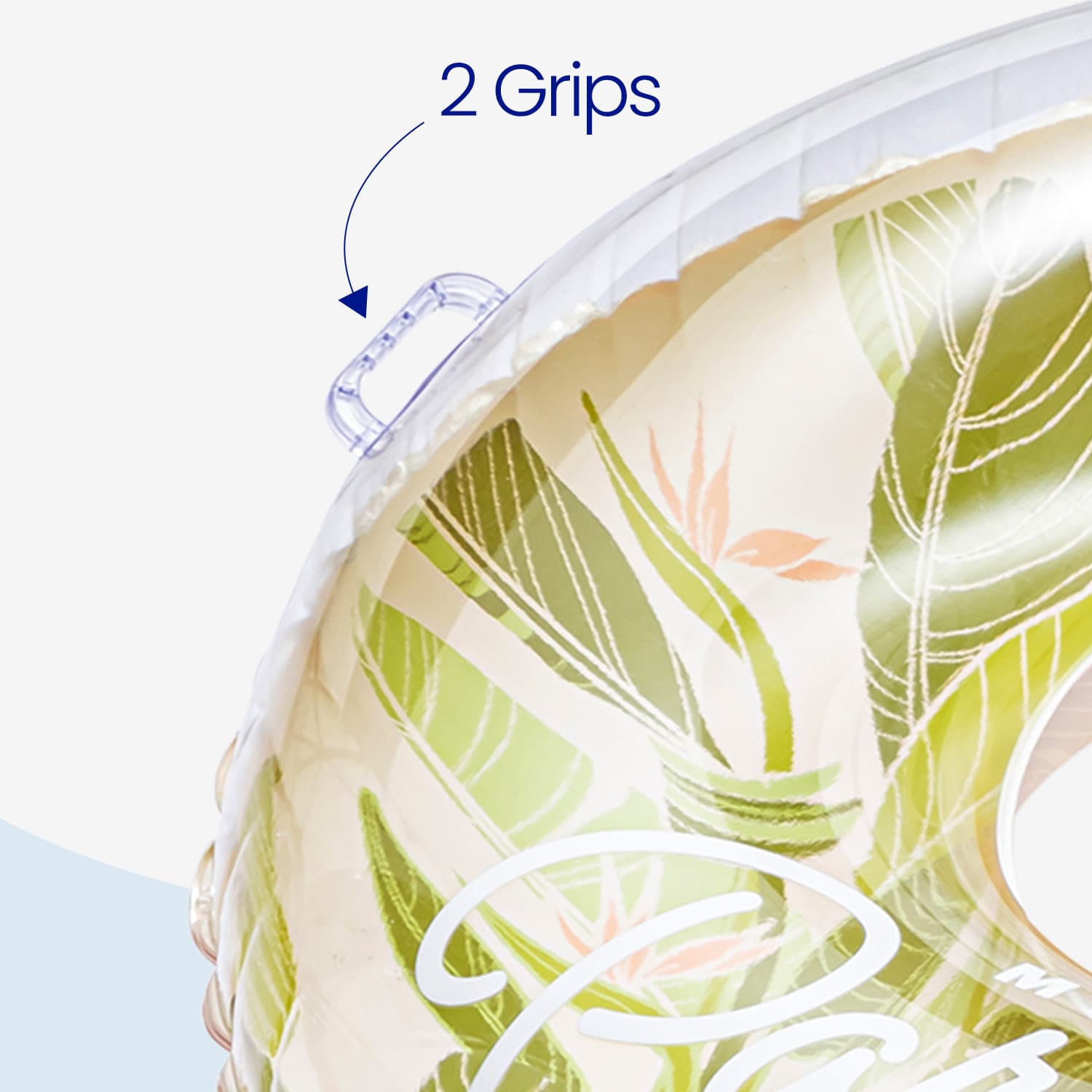 Close-up of a product with floral design and '2 Grips' text on a white background