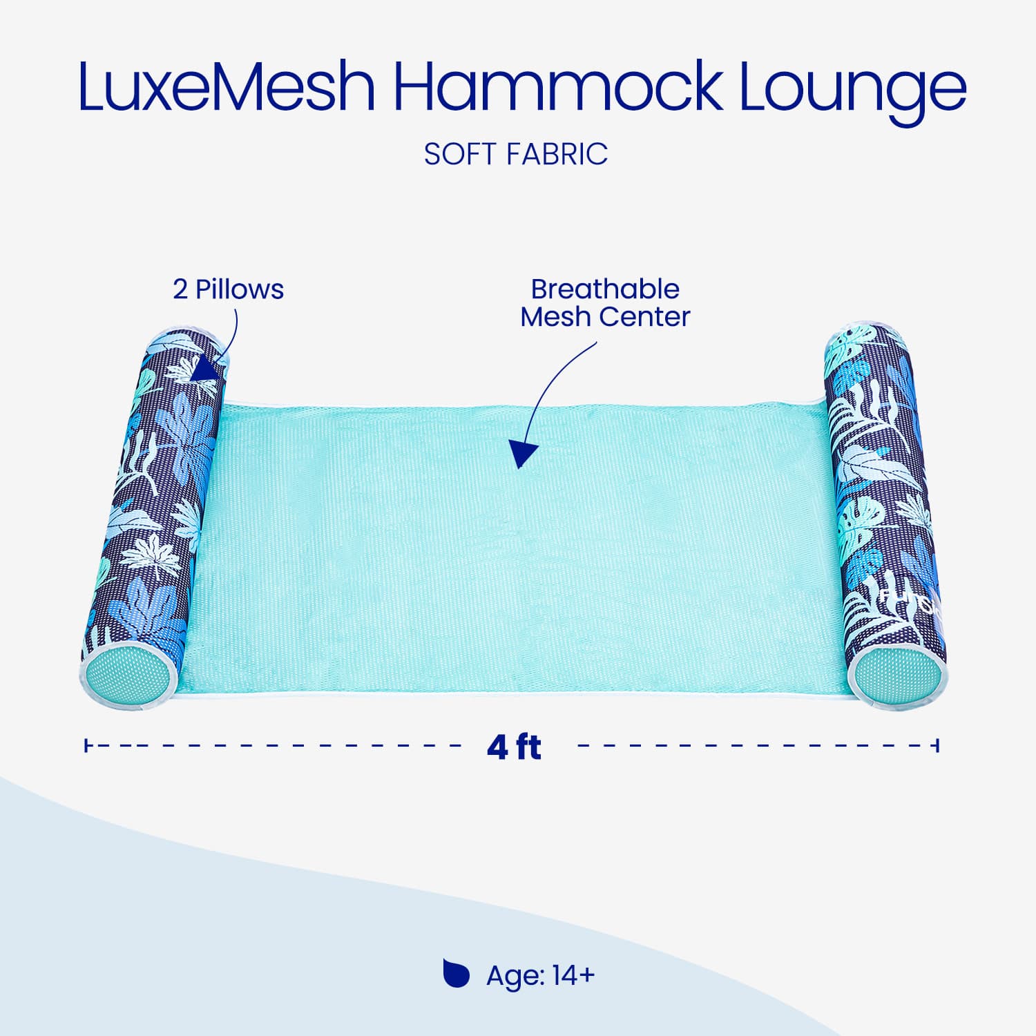 LuxeMesh Hammock Lounge with floral-patterned pillows on a white background