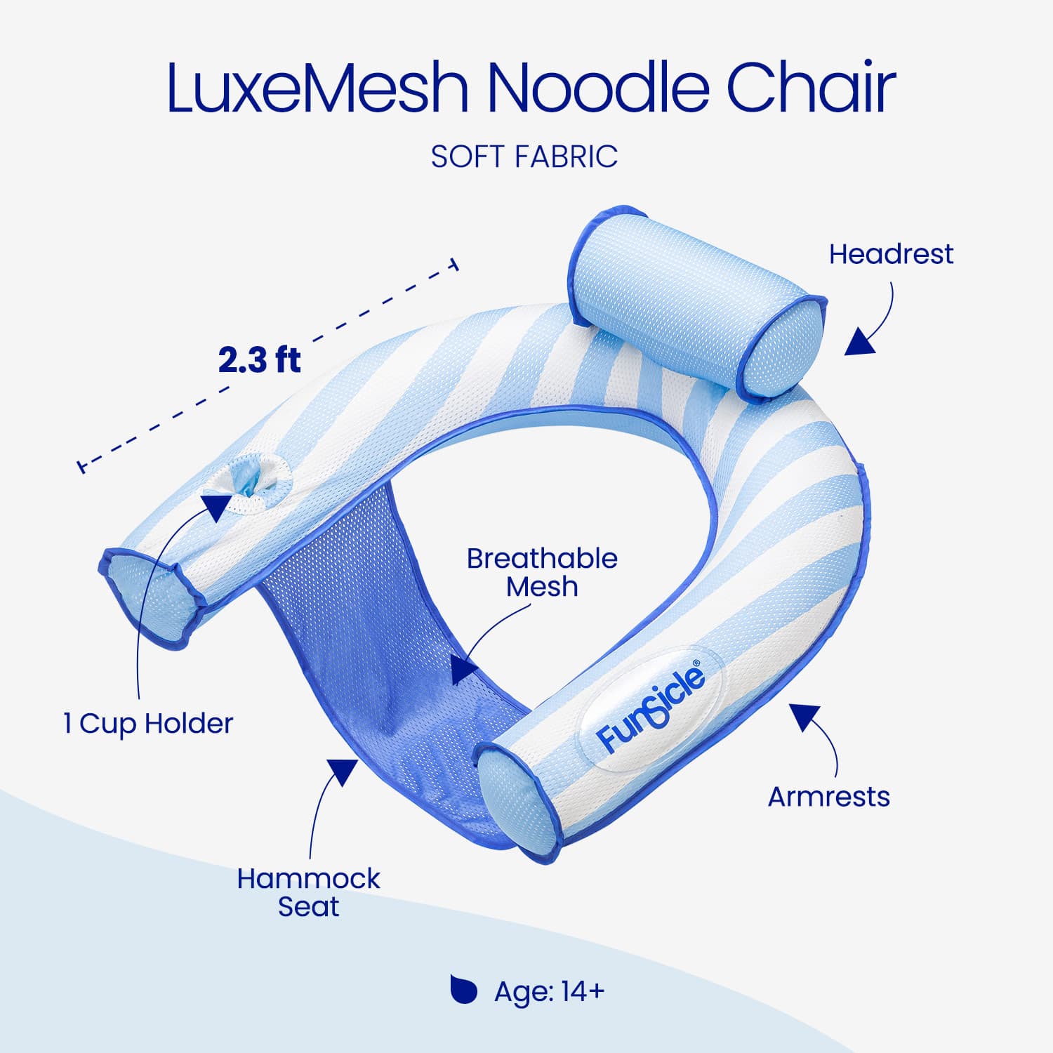 Diagram of a LuxeMesh Noodle Chair with labeled features on a white background