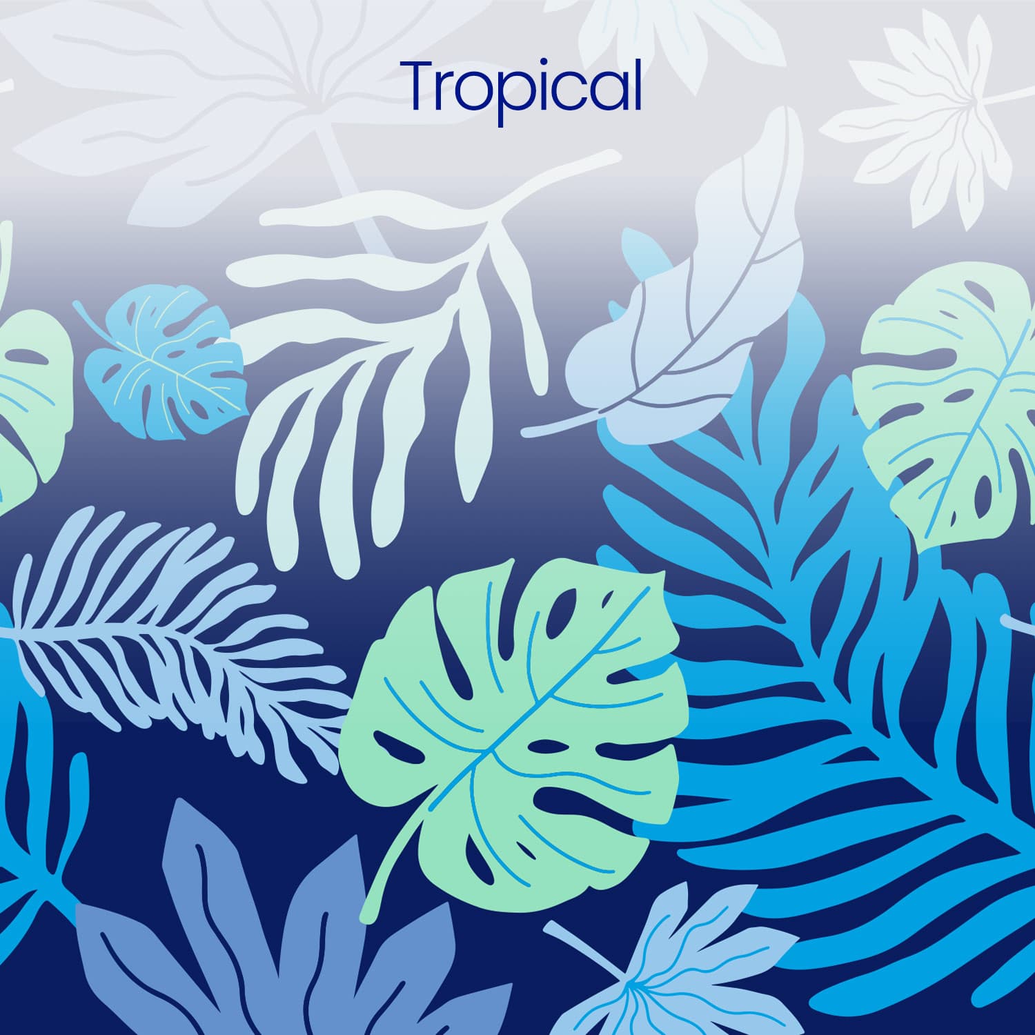 Pattern of tropical leaves in blue and green on a gradient background with 'Tropical' text.