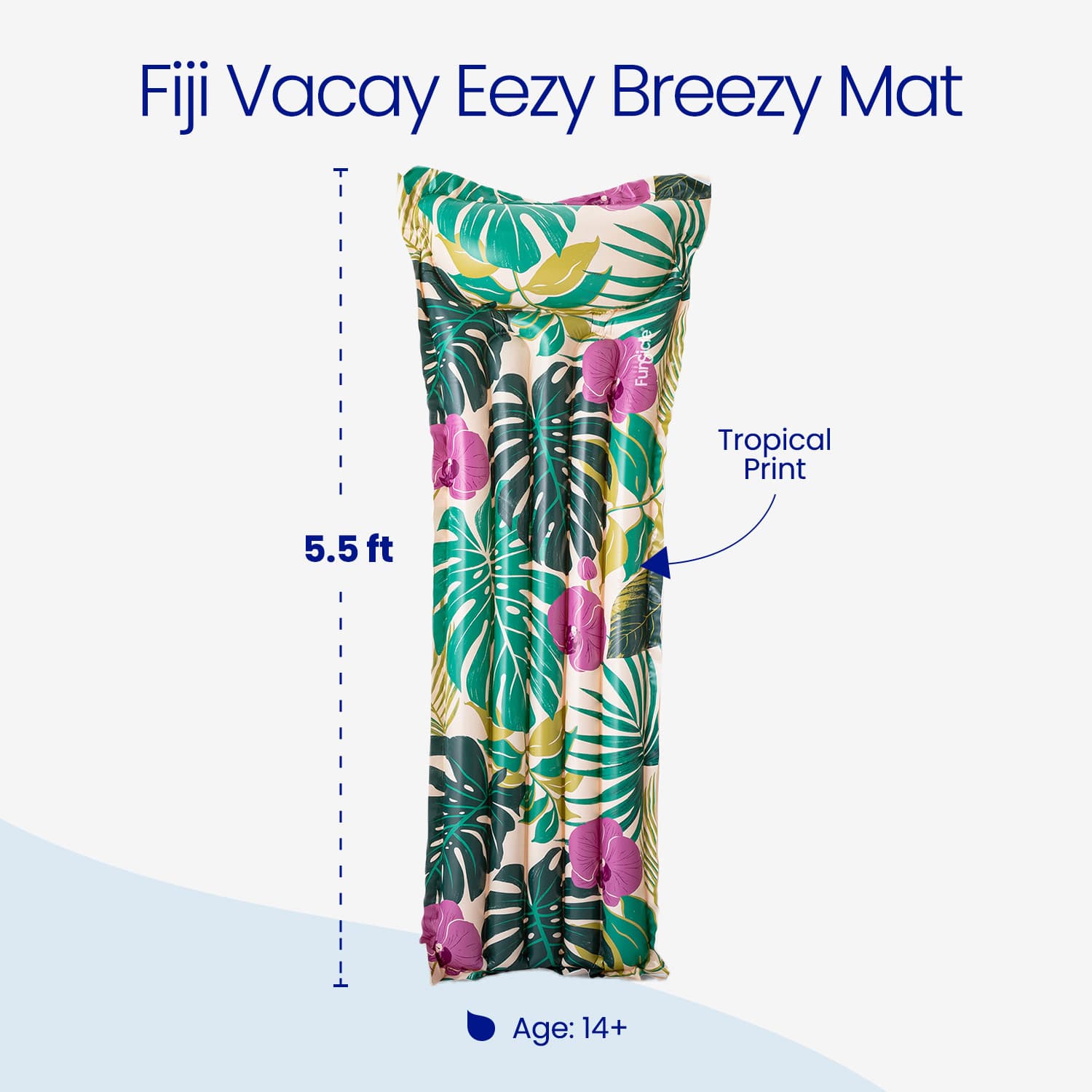 Tropical print mat with dimensions and age recommendation on a white background